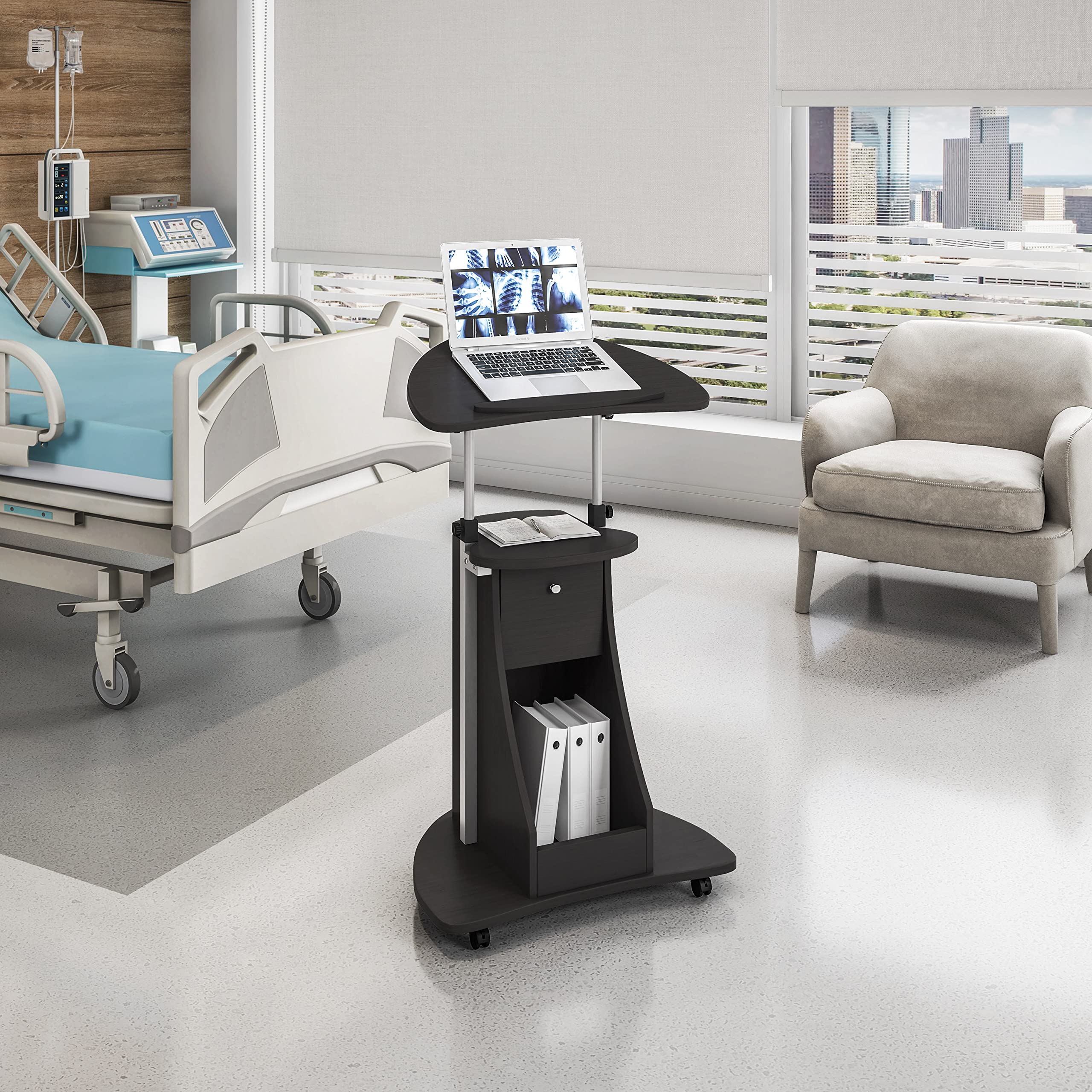 Sit-to-Stand Mobile Medical Laptop Computer Cart, Black, Adjustable Height, B005