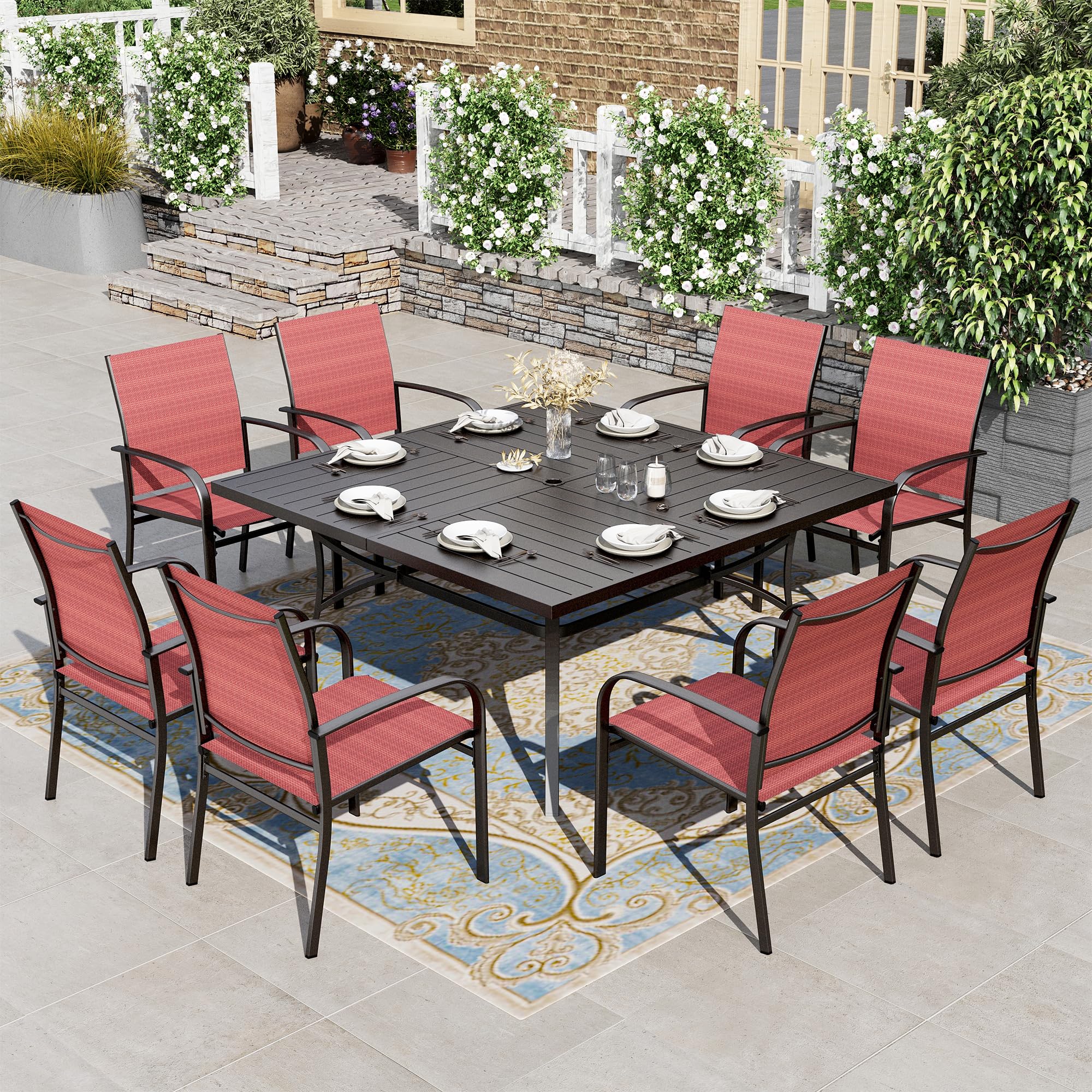 Patio Dining Set 9 Pieces, Outdoor Table and Chairs Set for 8, 8 x Red Textilene Dining Chair, 60