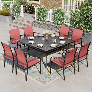 Patio Dining Set 9 Pieces, Outdoor Table and Chairs Set for 8, 8 x Red Textilene Dining Chair, 60