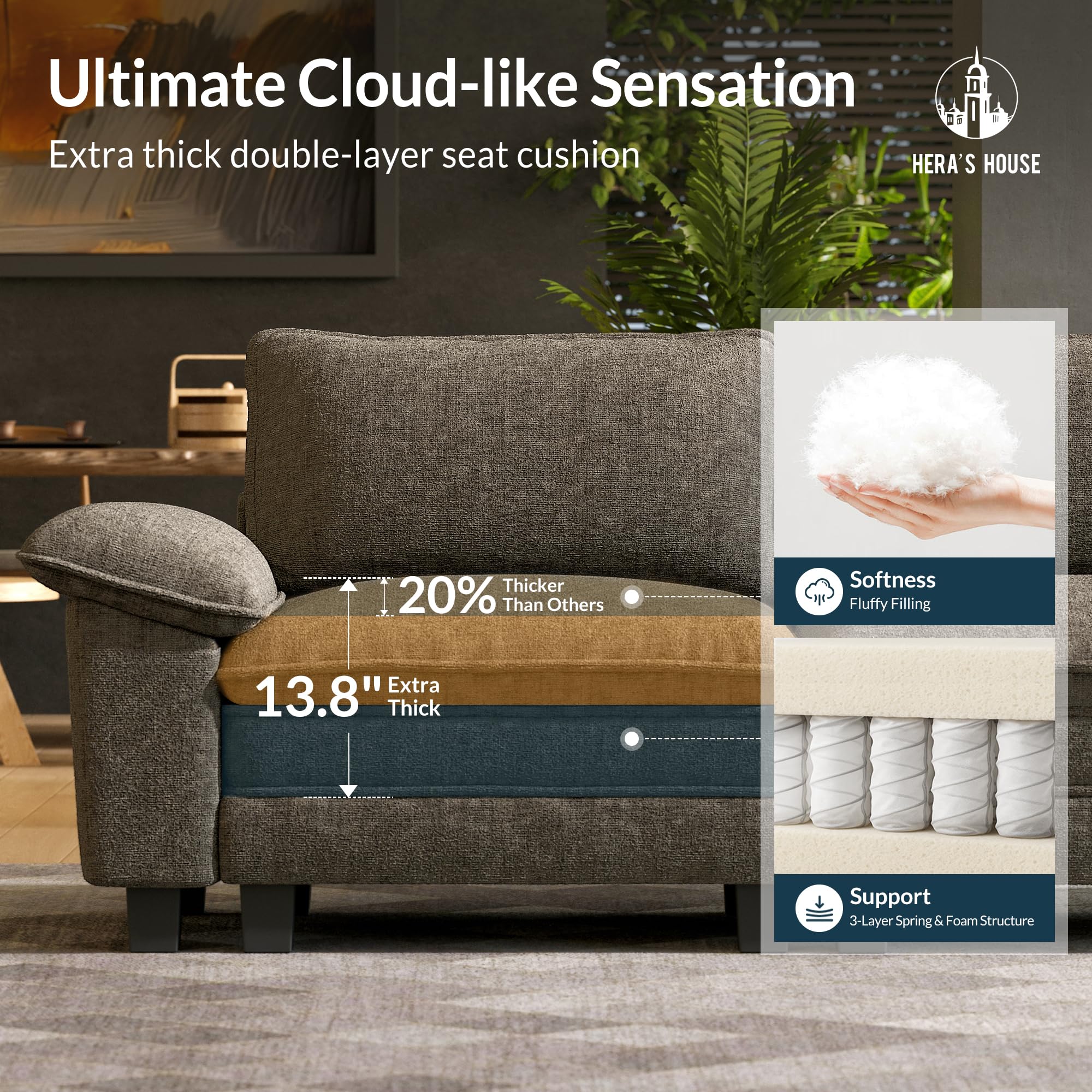 88" Modular Sectional Sofa, Loveseat Couches for Living Room, Comfy Cloud Couch 2-Seater Deep Seat Sofa with Throw Pillow, Chenille Ash