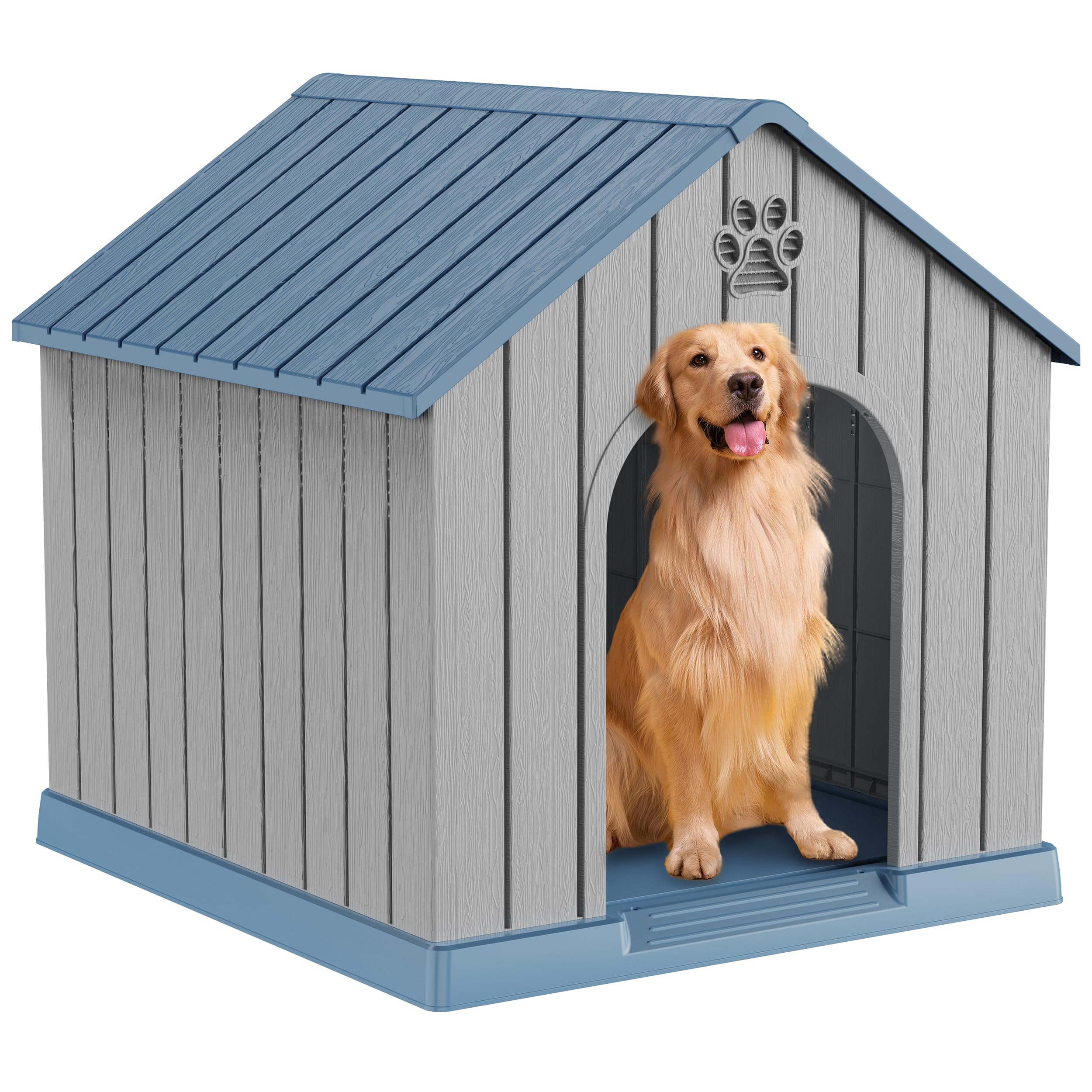 Large Dog House Indoor Outdoor Waterproof,Puppy Shelter with Air Vents and Elevated Floor,Sturdy Dog Kennel for Small to Large Sized Dogs, Easy to Assemble (Blue, 38.62×36.26×38.07 Inches)