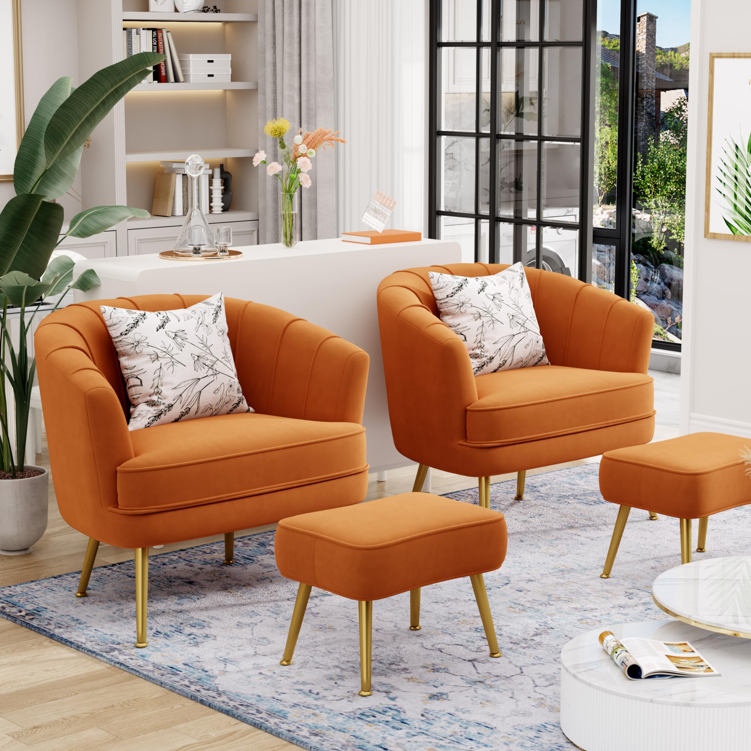Velvet Accent Chair with Ottoman,Upholstered Modern Single Sofa Side Chair,Comfy Barrel Club Living Room Armchair with Golden Metal Legs for Bedroom Living Reading Room Office,Caramel Orange