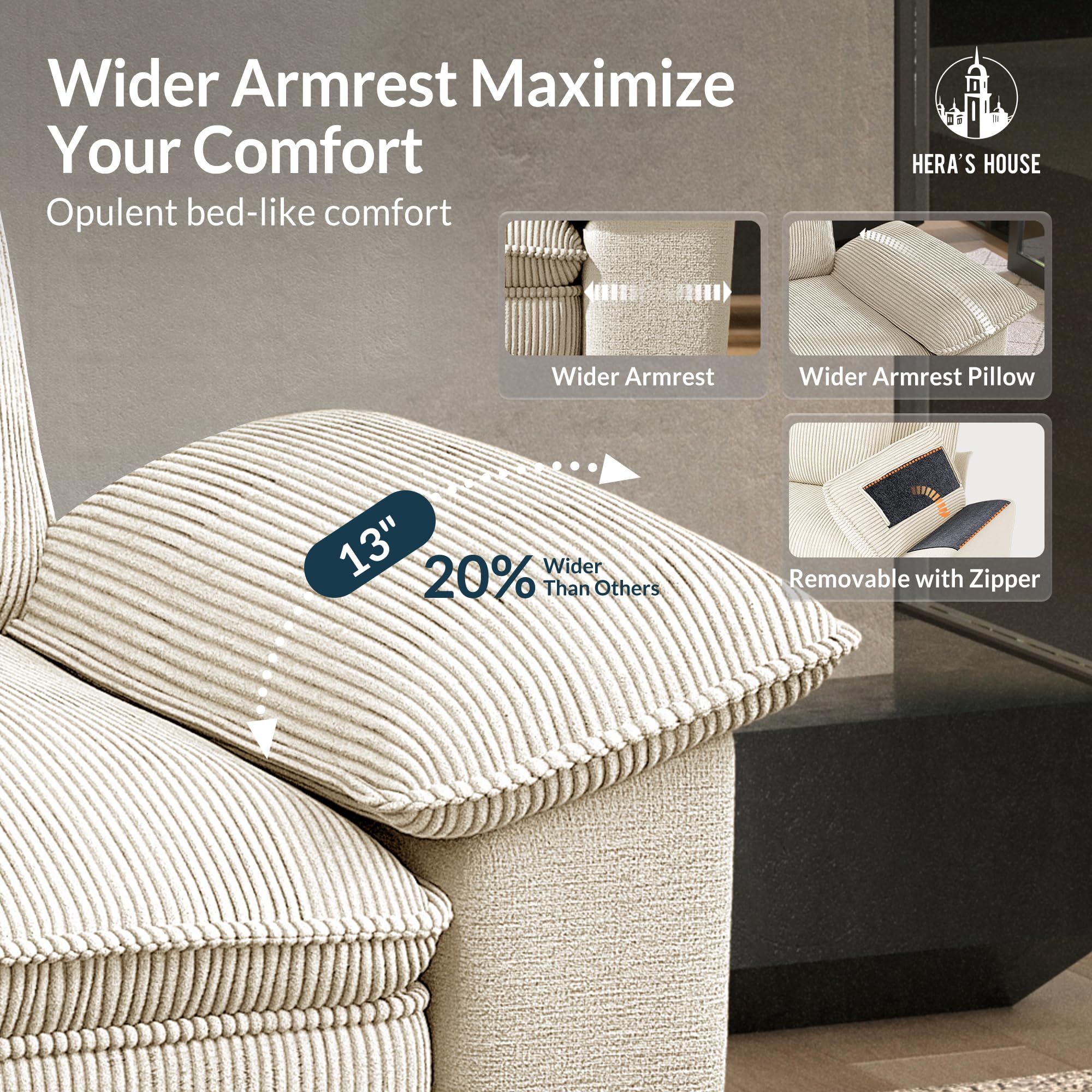 124" Modular Sectional Sofa, Oversized L Shaped Couches for Living Room, Comfy Cloud Couch with Ottoman, 4-Seater Deep Seat Sofa with Throw Pillow, Corduroy and Chenille Beige