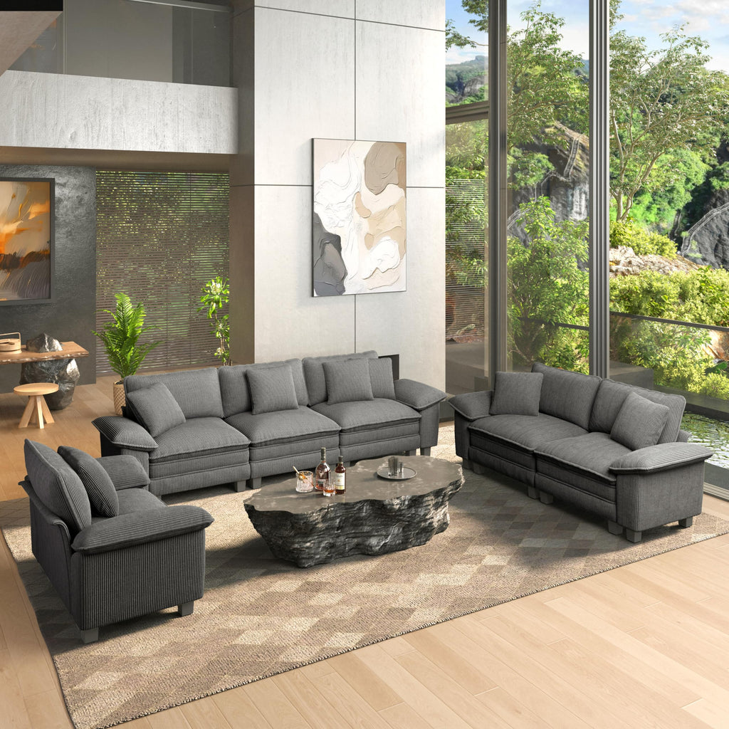 3 Pieces Modular Sectional Sofa Sets, Oversized Couch Set with Loveseats and Armchair, Comfy Cloud Couches with Throw Pillows, 6-Seater Deep Seat Sofa for Living Room, Corduroy Grey