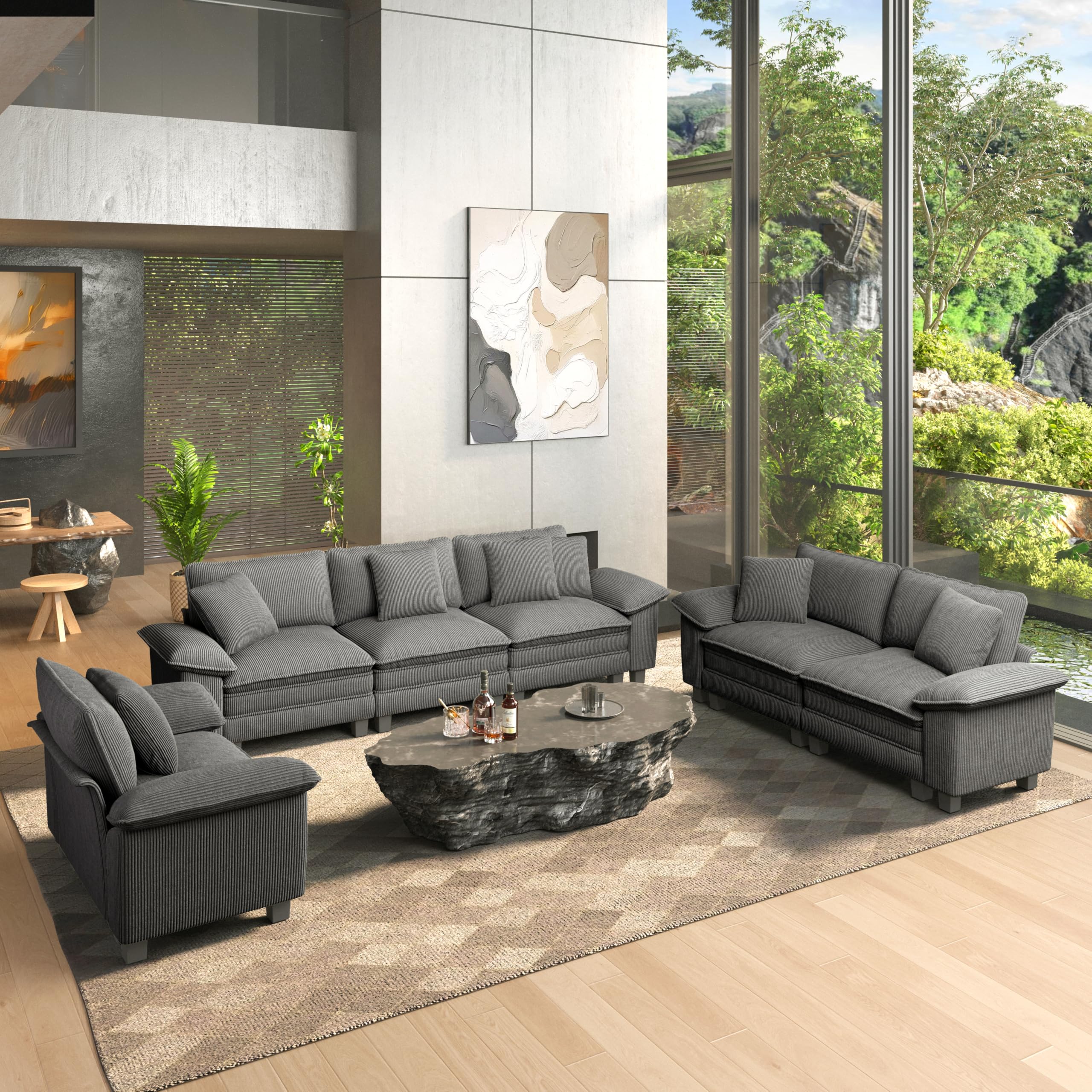 3 Pieces Modular Sectional Sofa Sets, Oversized Couch Set with Loveseats, Comfy Cloud Couches with Throw Pillows, 7-Seater Deep Seat Sofa for Living Room, Corduroy Grey