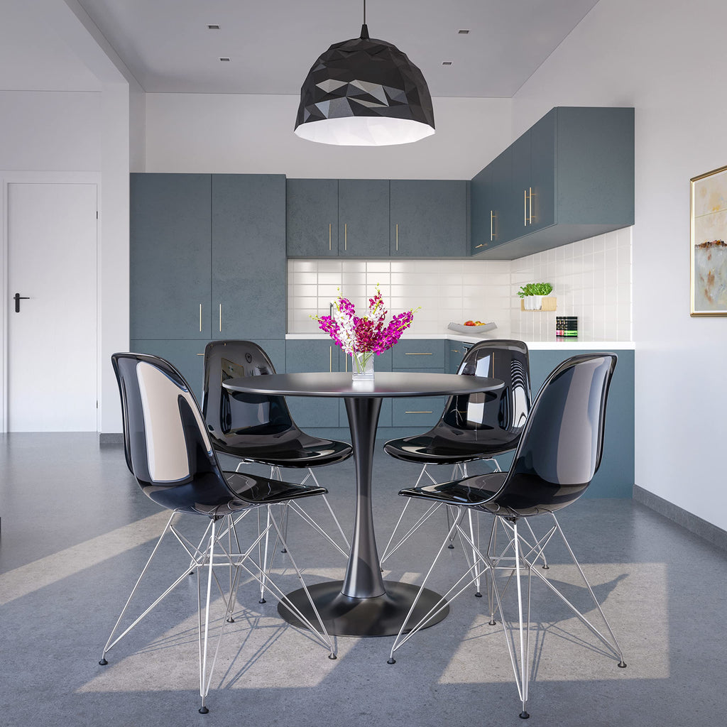 Dining, Modern Chrome Eiffel Base and Curved Back Design, Ergonomic and Lightweight Accent Side Chair for Mid-Century Home, Kitchen, and Café (Transparent Black, Set of 2)