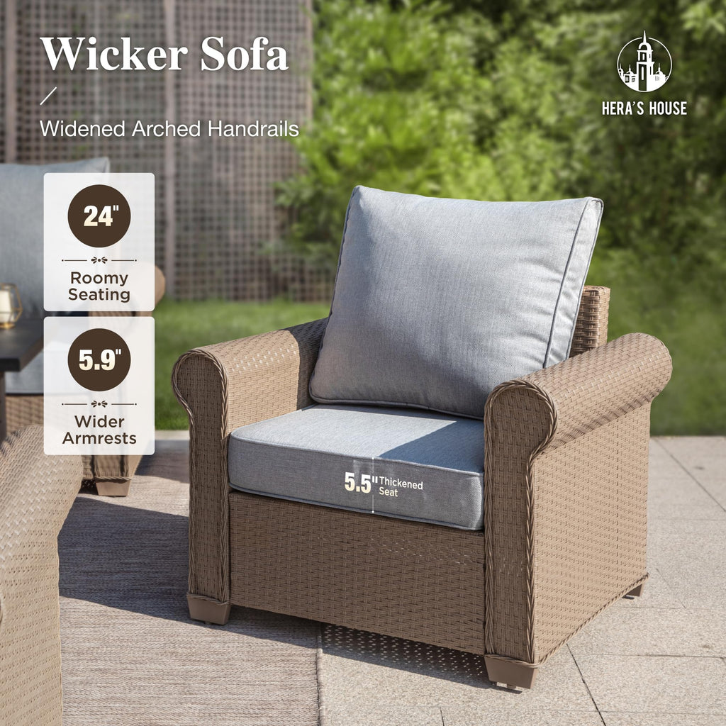 4-Piece Patio Furniture Set, All Weather 5 Seats Outdoor Wicker Sofa with 44" Coffee Table, 5.5" Thick Waterproof Cushion Conversation Couch Set for Garden Deck Backyard, Grey