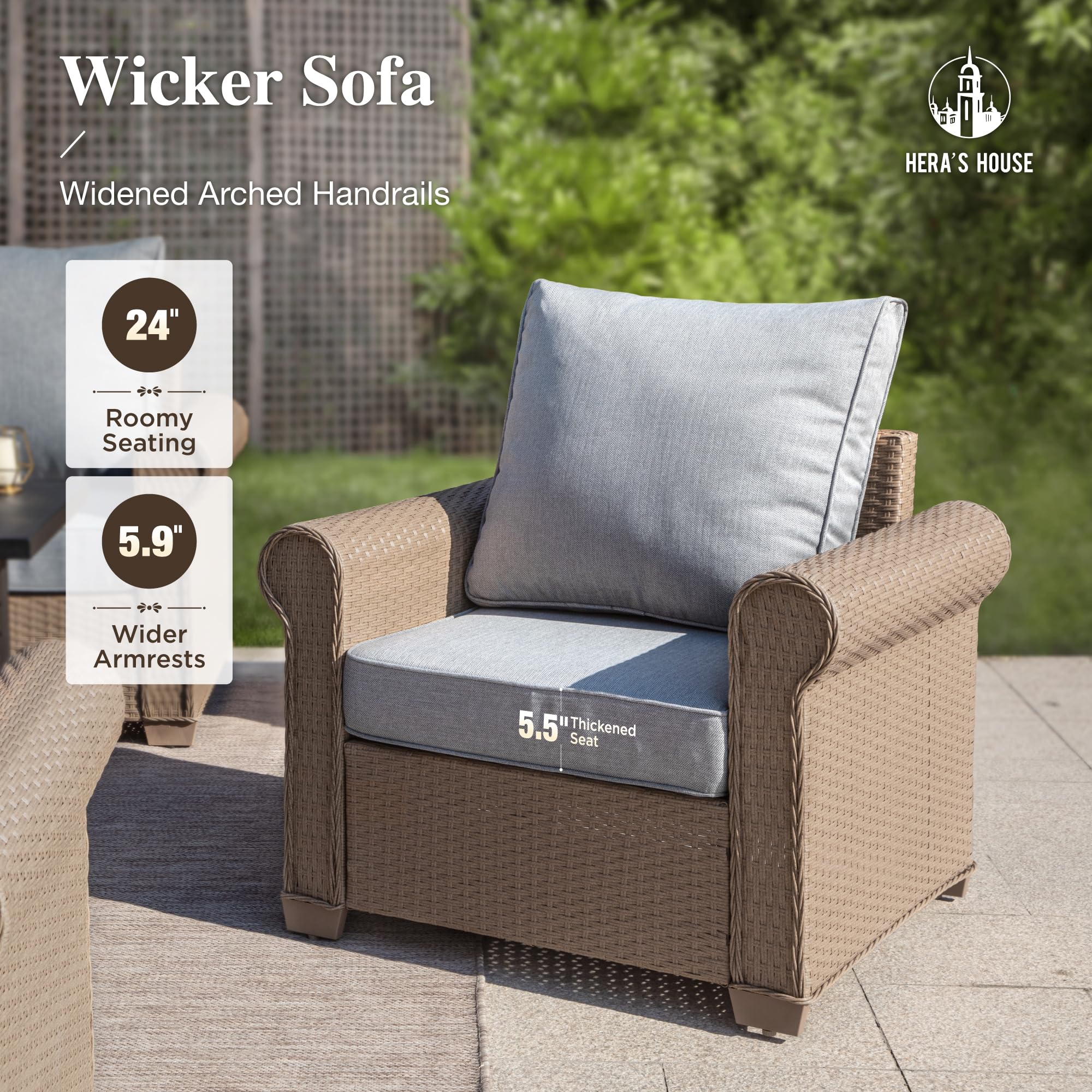 5-Piece Patio Furniture Set, All Weather 7 Seats Outdoor Wicker Sofa with Ottomans, Rattan Patio Conversation Set with 5.5" Thick Cushions and 44” Coffee Table, Grey