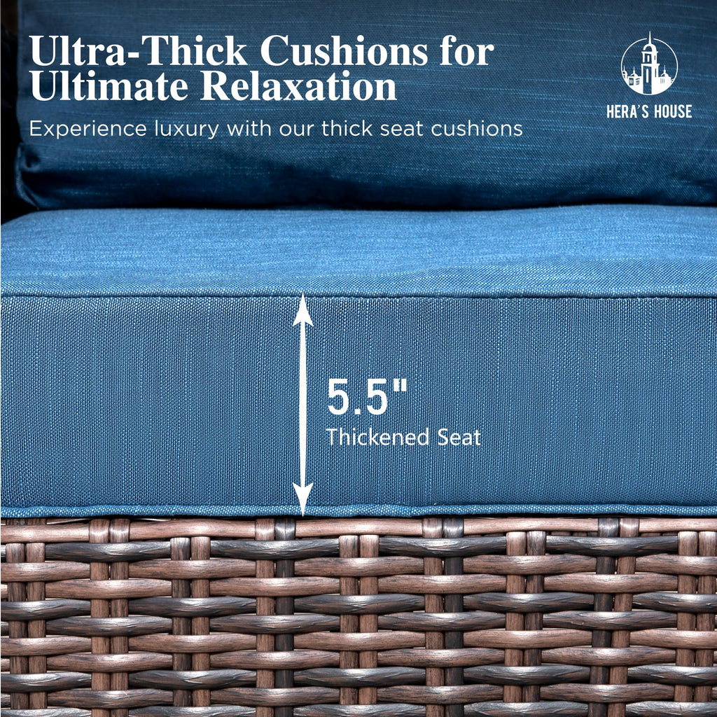 3-Piece Outdoor Patio Furniture, High Back Swivel Chairs Set of 2 with Rattan Table, Brown Wicker Conversation Bistro Set with 5.5” Thick Cushion for Deck Porch Balcony Garden Lawn, Blue