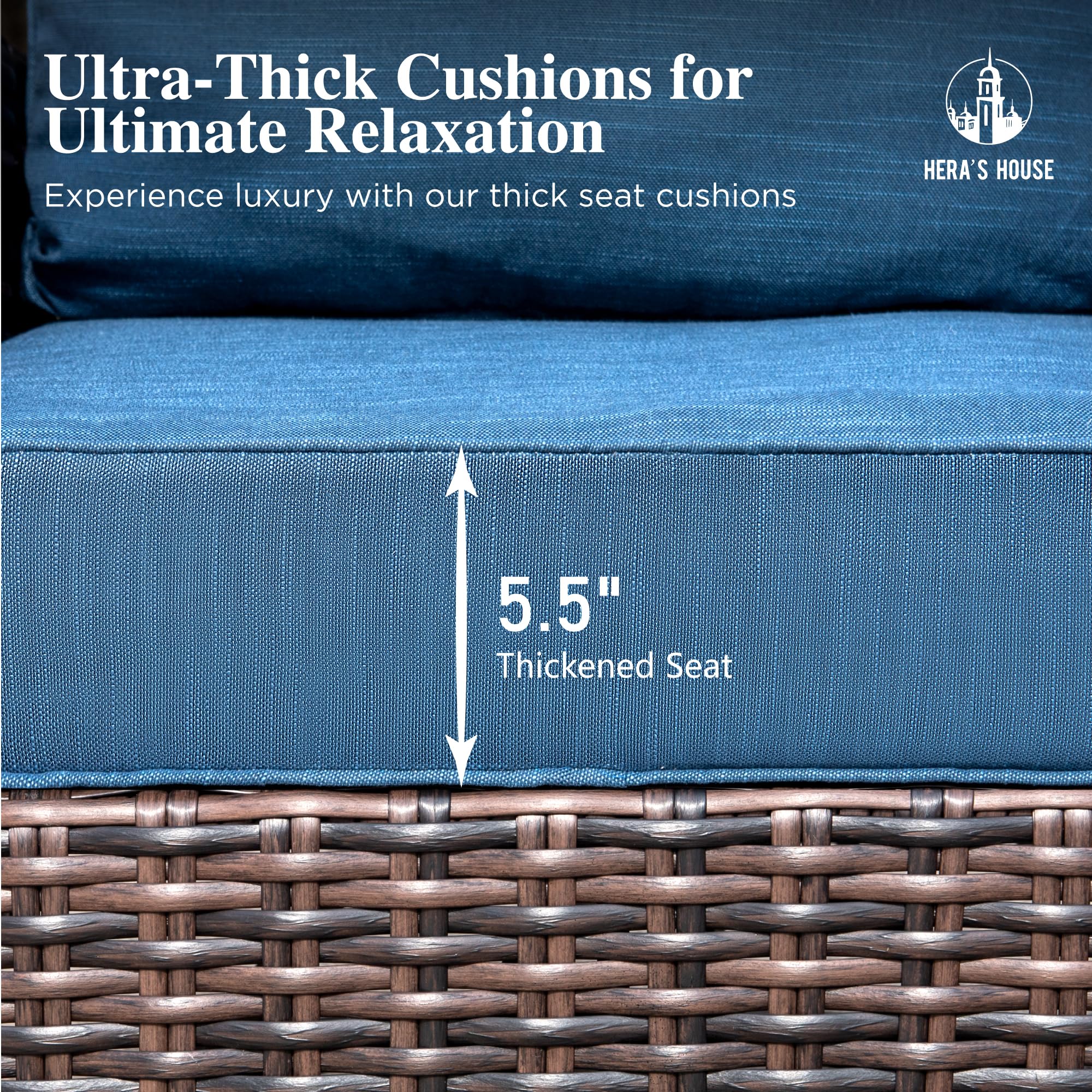 3-Piece Outdoor Patio Furniture, High Back Swivel Chairs Set of 2 with Rattan Table, Brown Wicker Conversation Bistro Set with 5.5” Thick Cushion for Deck Porch Balcony Garden Lawn, Blue