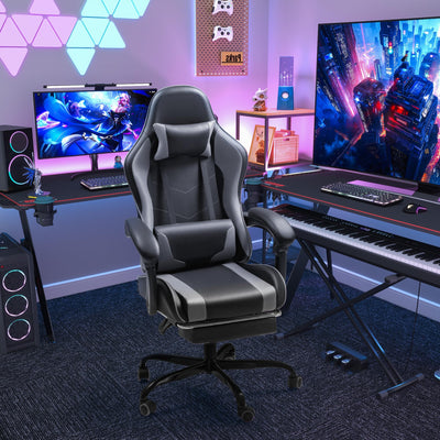 Gaming Chair, Video Game Chair with Footrest and Massage Lumbar Support, Ergonomic Computer Chair Height Adjustable with Swivel Seat and Headrest (Grey)