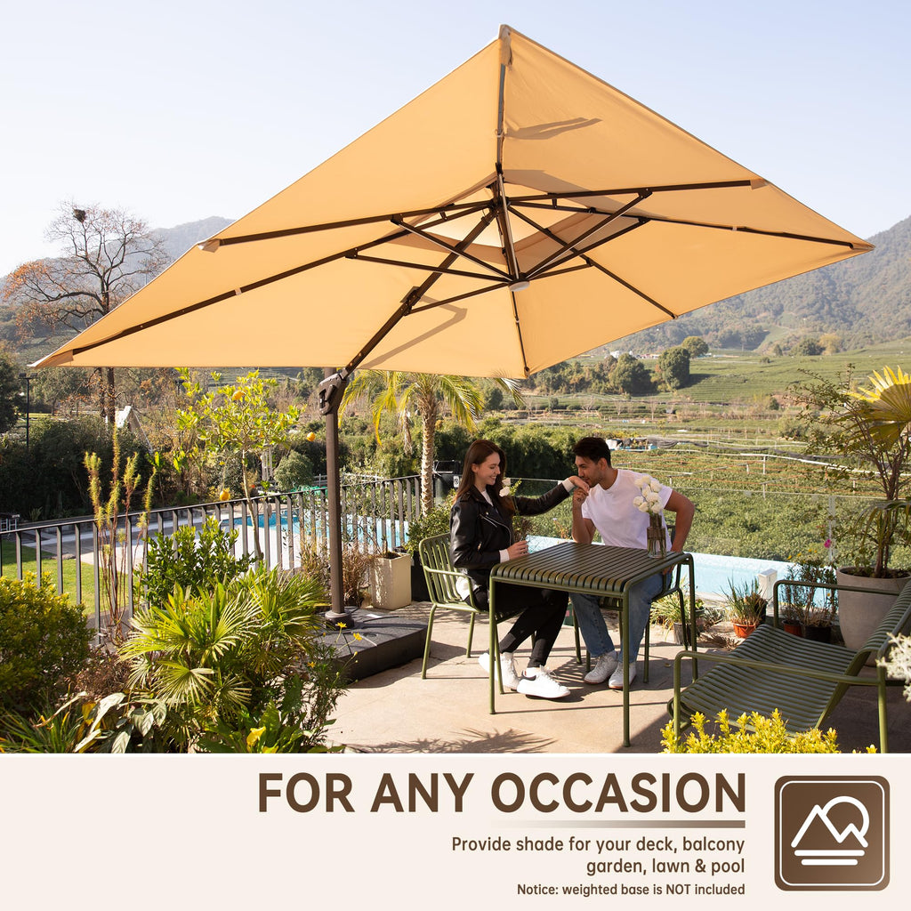 10 X 13 FT Cantilever Outdoor Patio Umbrella with Base Included Large Heavy Duty 360° Rotation Double Top Offset Rectangular Umbrellas with Led Lights for Backyard Outside Deck, Beige