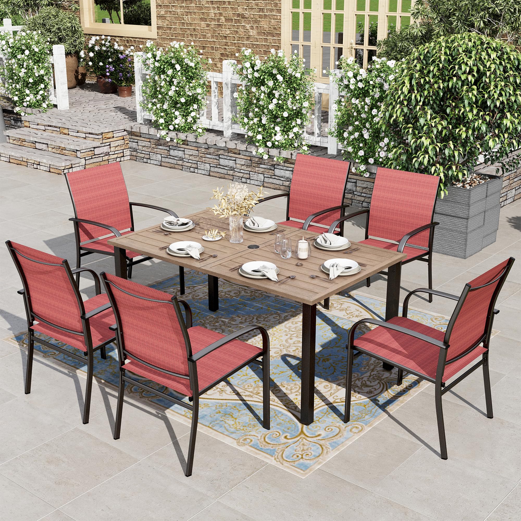 Patio Table and Chairs for 6, 7 Pieces Outdoor Deck Dining Sets, Wood-Like Rectangular Metal Table Set with Chairs for Lawn Garden Backyard, Red