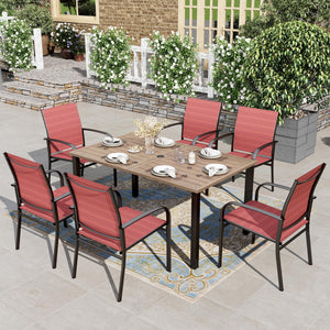 Patio Table and Chairs for 6, 7 Pieces Outdoor Deck Dining Sets, Wood-Like Rectangular Metal Table Set with Chairs for Lawn Garden Backyard, Red