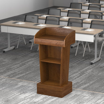 Wooden Podium Stand Lectern Walnut Color 16MM Wood Board Elegant Design with Storage Wooden Pulpit for Restaurants Churches Seminars Schools