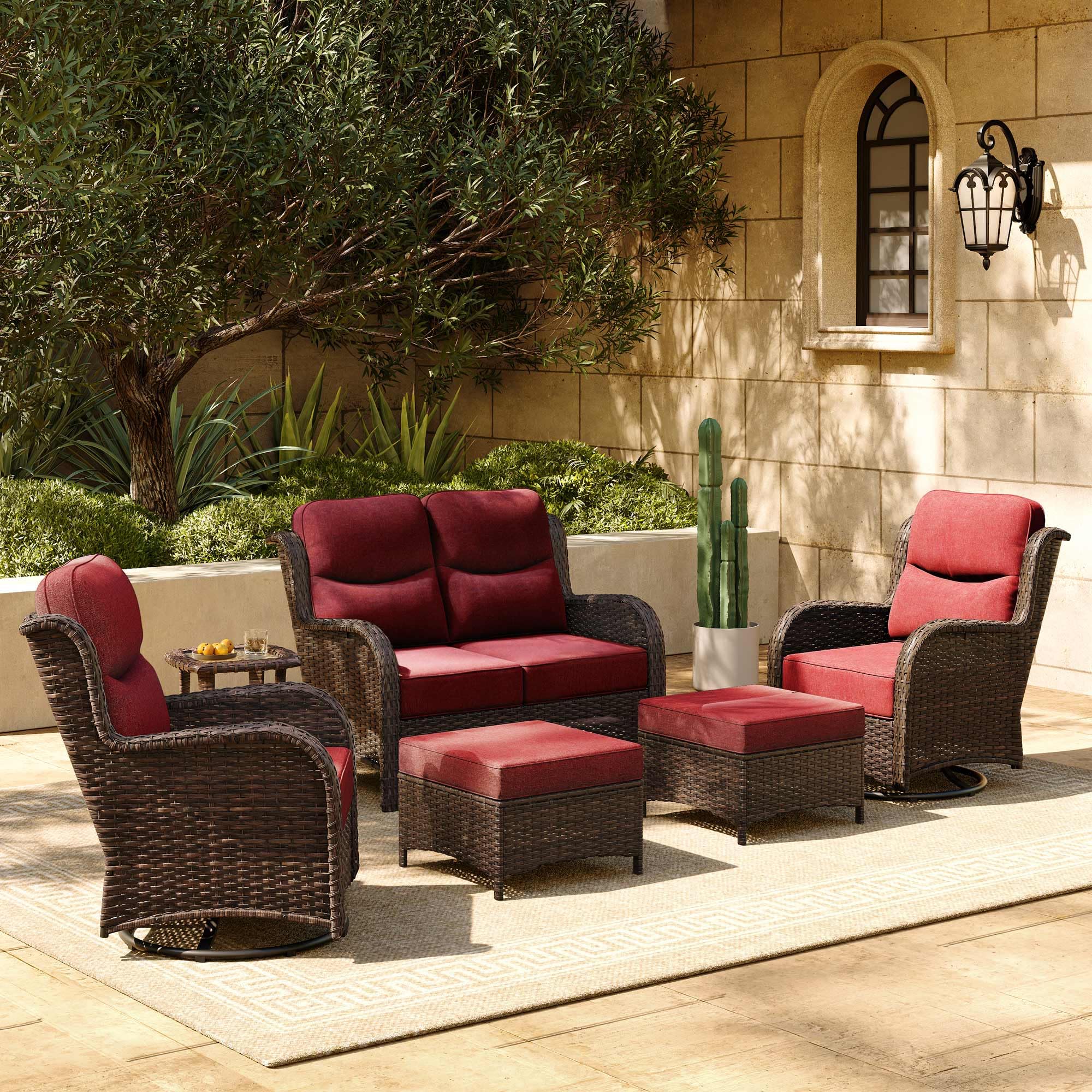 Luxury Patio Furniture Set with 6-inch Thick Cushion, Outdoor Loveseat and High Back Swivel Rocker Patio Chairs, 6PCS Wicker Conversation Set for Deck Yard and Poolside, Burgundy (V2)