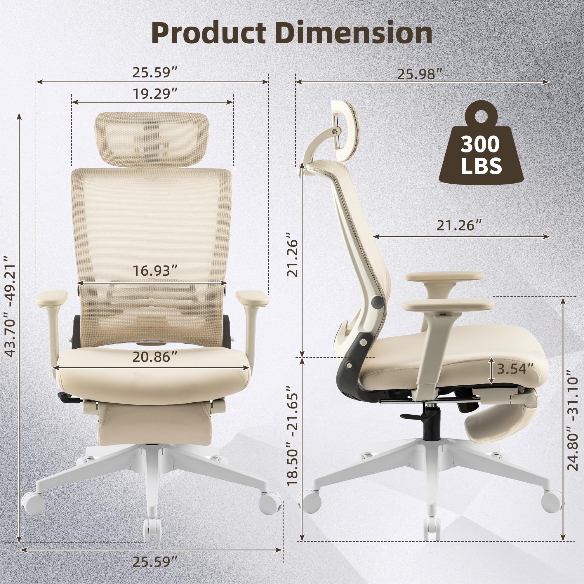 Foldable Office Chair with Foot Rest, Ergonomic Office Chair with Adjustable Lumbar Support, Headrest, Armrest, Home Office Desk Chair for Space Saving, Work from Home, Cream
