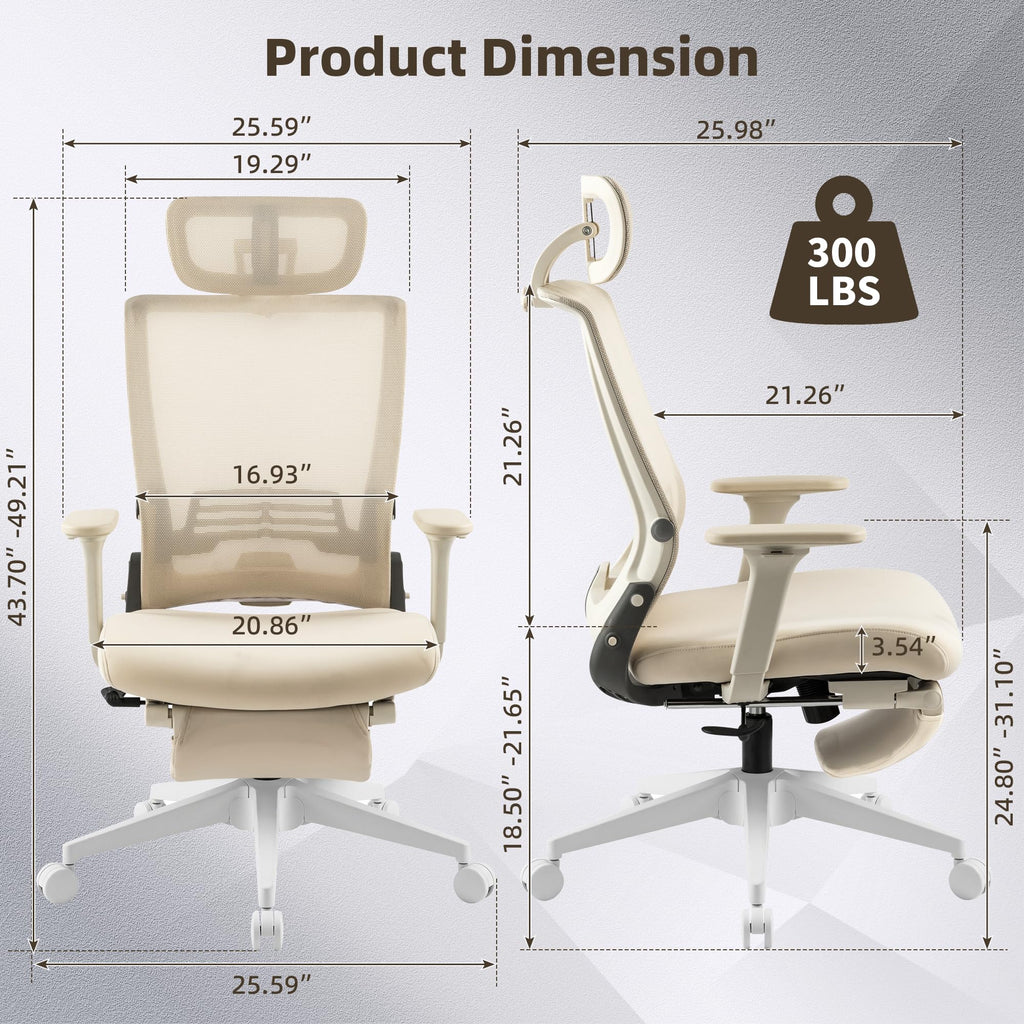 Foldable Office Chair with Foot Rest, Ergonomic Office Chair with Adjustable Lumbar Support, Headrest, Armrest, Home Office Desk Chair for Space Saving, Work from Home, Cream