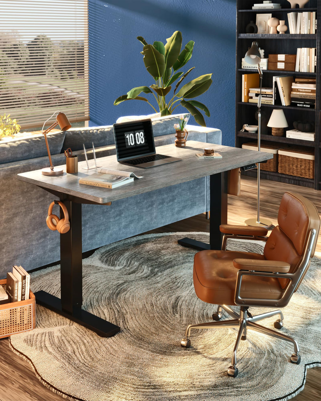 EN1 One-Piece Standing Desk, Electric Adjustable with 4 Memory Presets, 176 LBS Capacity, Stable & Quiet, Seamless Desktop for Home Office & Dual Monitors, 55"x28" Gray Wood