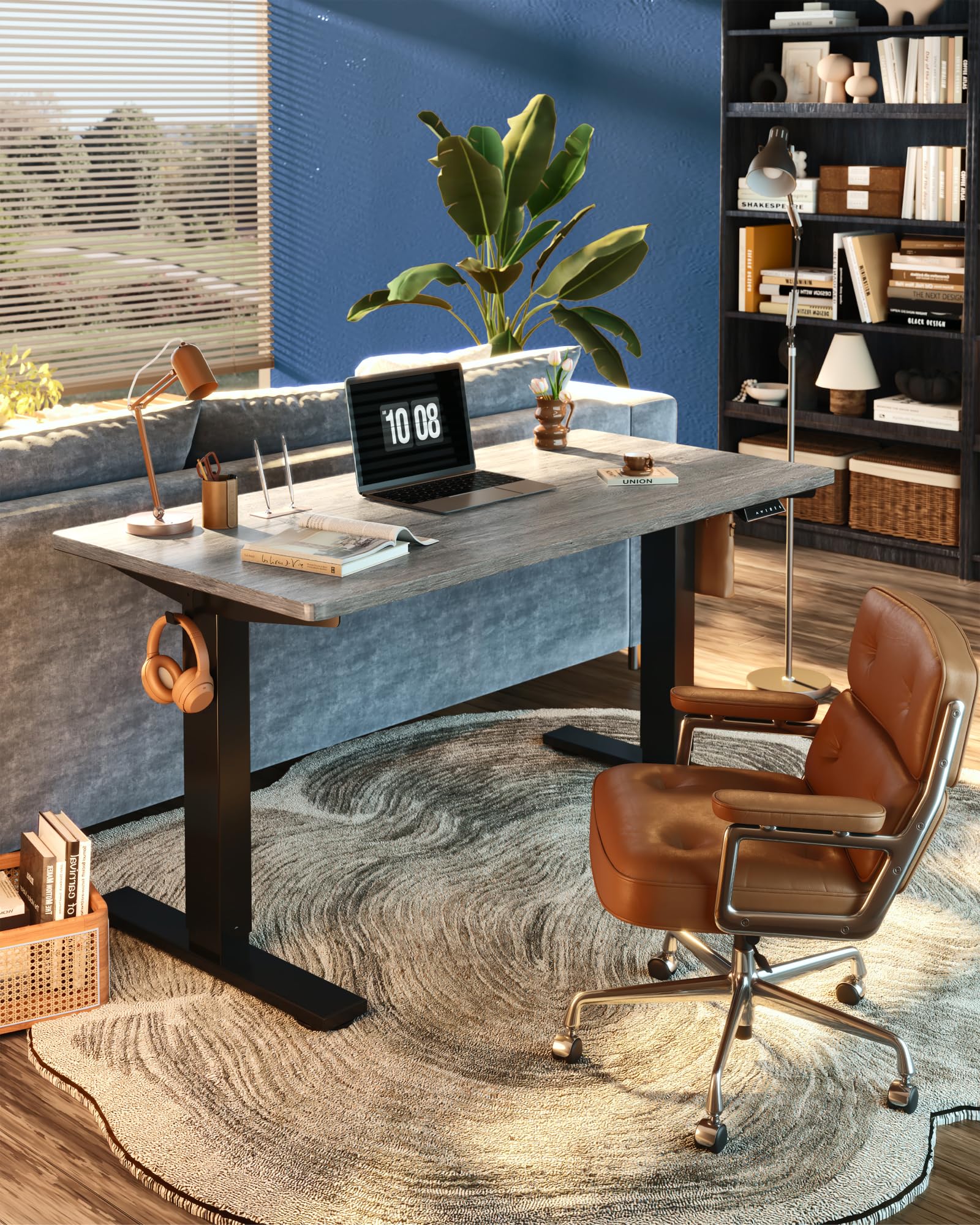 EN1 One-Piece Standing Desk, Electric Adjustable with 4 Memory Presets, 176 LBS Capacity, Stable & Quiet, Seamless Desktop for Home Office & Dual Monitors, 55"x28" Gray Wood