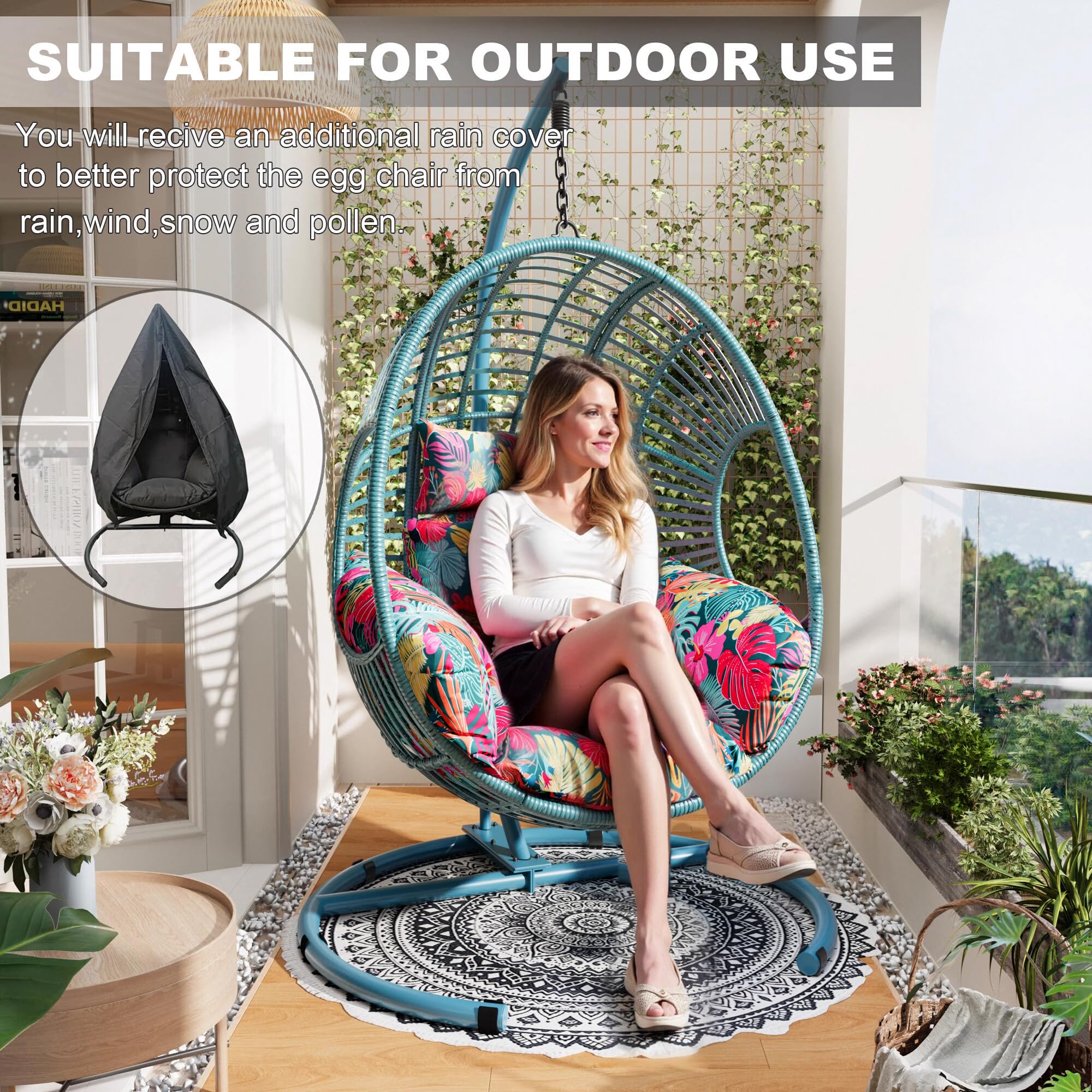 Oversized Hanging Egg Chair Outdoor Indoor, Wicker Swing Egg Chair with Stand 400lbs Capacity for Bedroom, Patio, Garden and Balcony (Hawaii Blue-Regular, Oversize)