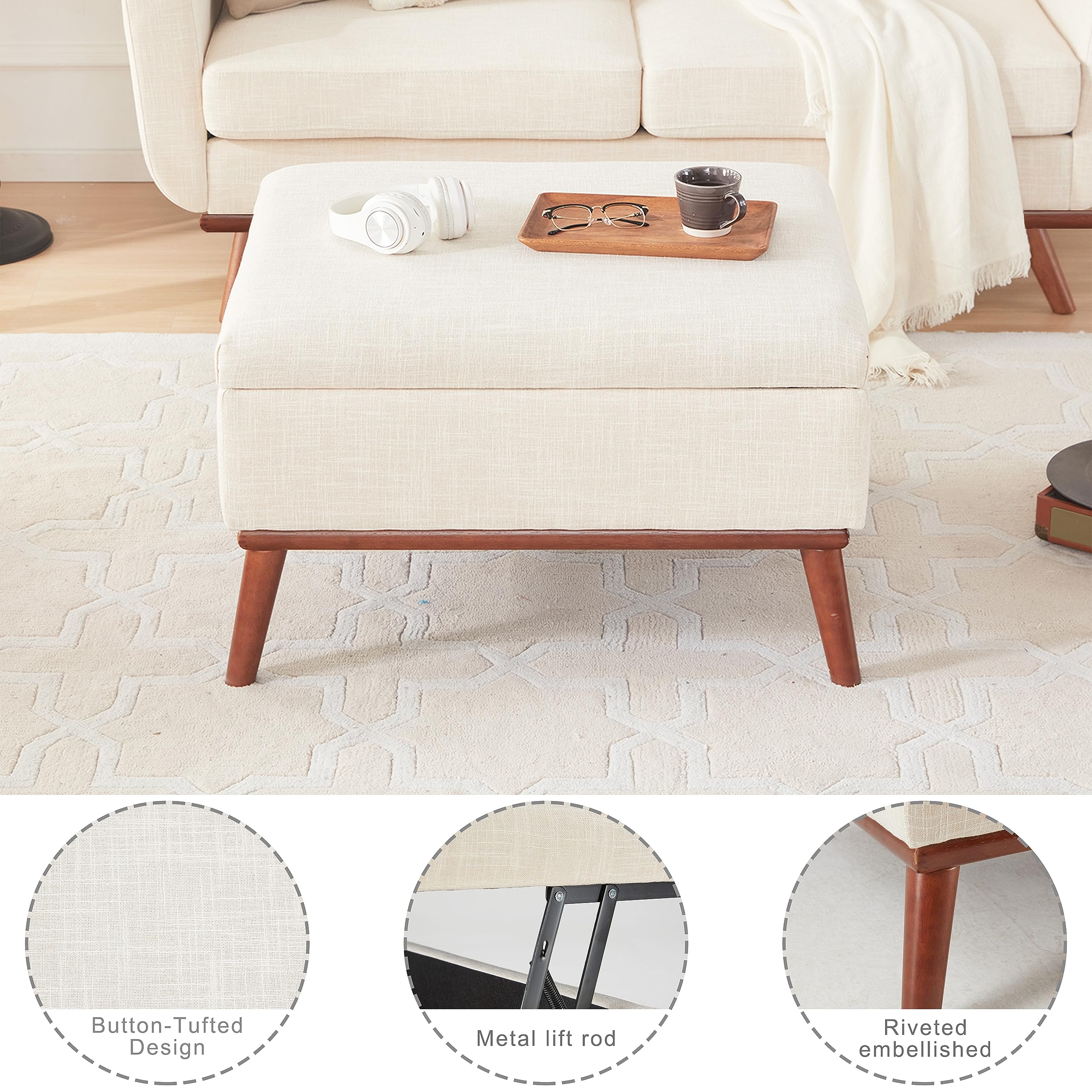 65" W Loveseat Sofa with Ottoman Coffee Table, Mid Century Modern Decor Love Seat Couches and Ottoman with Storage for Living Room, Button Tufted Upholstered Love Seats Furniture Set, Beige