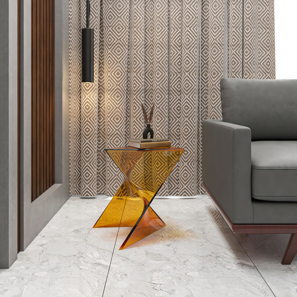 15.75" Triangular Side Table, Stackable Plastic Accent End Table for Indoor & Outdoor Use, Weather-Resistant Modern Patio & Living Room Table, Set of 4, Tea (Transparent)