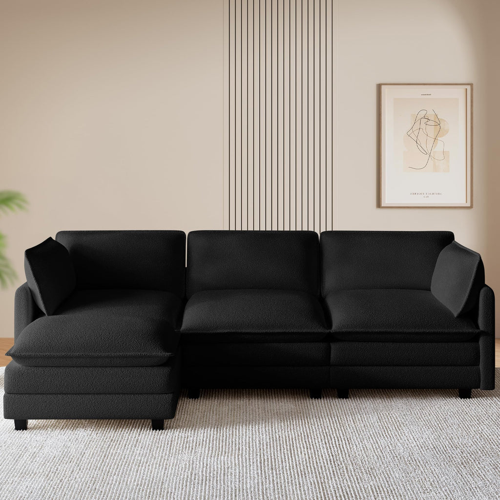 112'' Modular Sectional Cloud Couch with Movable Ottoman, 4 Seat Modern Chenille Sofa with 2 Throw Pillows, Deep Seat L Shaped Couch for Living Room Bedroom Apartment, Black