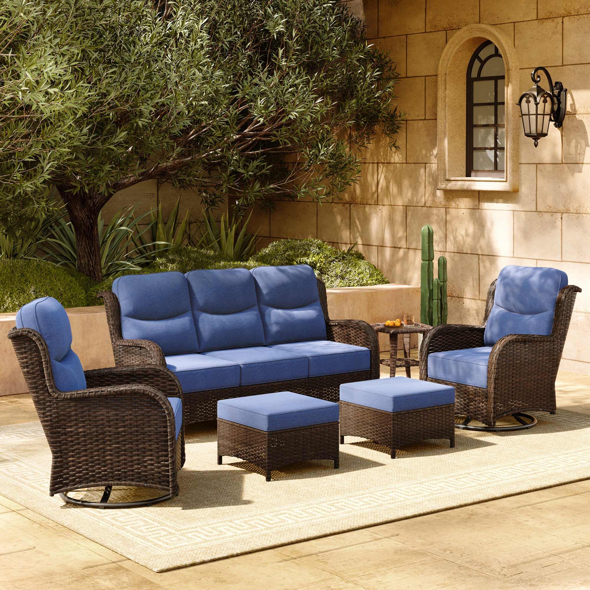 Luxury Patio Furniture Set with 6-inch Thick Cushion, Outdoor Couch and High Back Swivel Rocker Patio Chairs, 6PCS Wicker Conversation Set for Deck Yard and Poolside, Blue (V2)