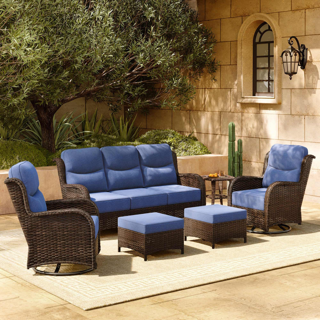 Luxury Patio Furniture Set with 6-inch Thick Cushion, Outdoor Couch and High Back Swivel Rocker Patio Chairs, 6PCS Wicker Conversation Set for Deck Yard and Poolside, Blue (V2)