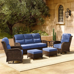 Luxury Patio Furniture Set with 6-inch Thick Cushion, Outdoor Couch and High Back Swivel Rocker Patio Chairs, 6PCS Wicker Conversation Set for Deck Yard and Poolside, Blue (V2)