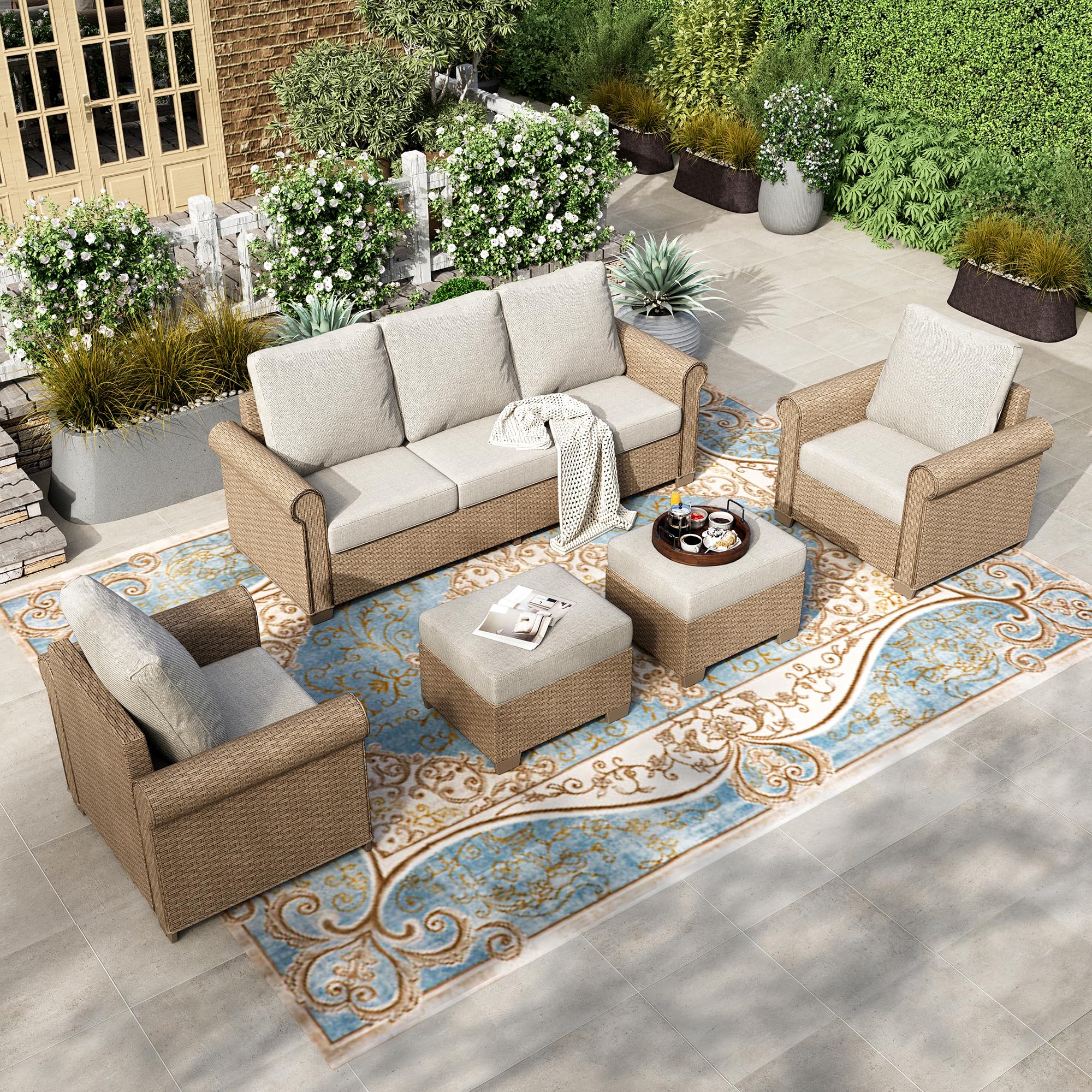 5 Pieces Patio Furniture Set, All Weather 7 Seats Outdoor Wicker Sofa with Ottoman, 5.5" Thick Waterproof Cushion Conversation Set for Garden Deck Backyard, Beige
