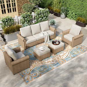 5 Pieces Patio Furniture Set, All Weather 7 Seats Outdoor Wicker Sofa with Ottoman, 5.5