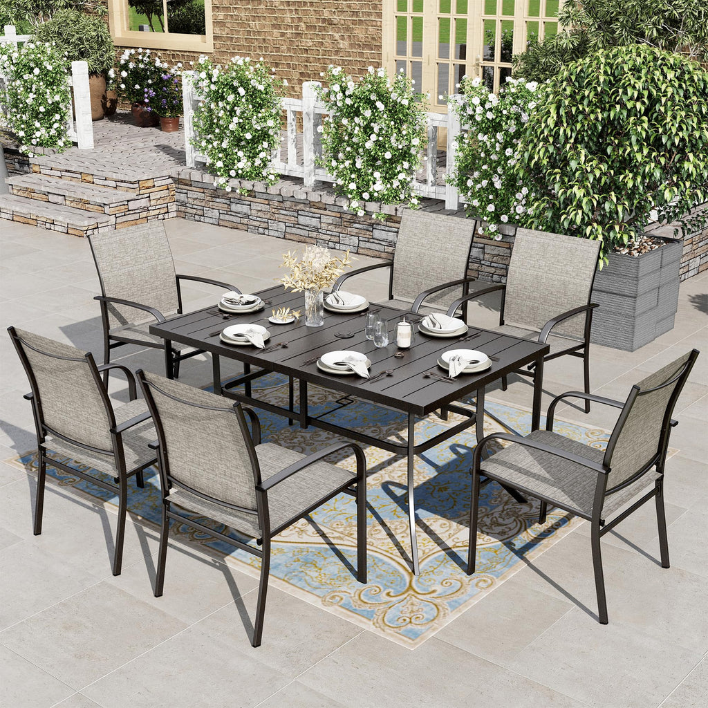 7 PCS Patio Dining Set, All-Weather Outdoor Table Chairs Set, 6 x Patio Dining Chairs, Rectangular Metal Table with Umbrella Hole for Yard Garden Porch Deck (Brown)