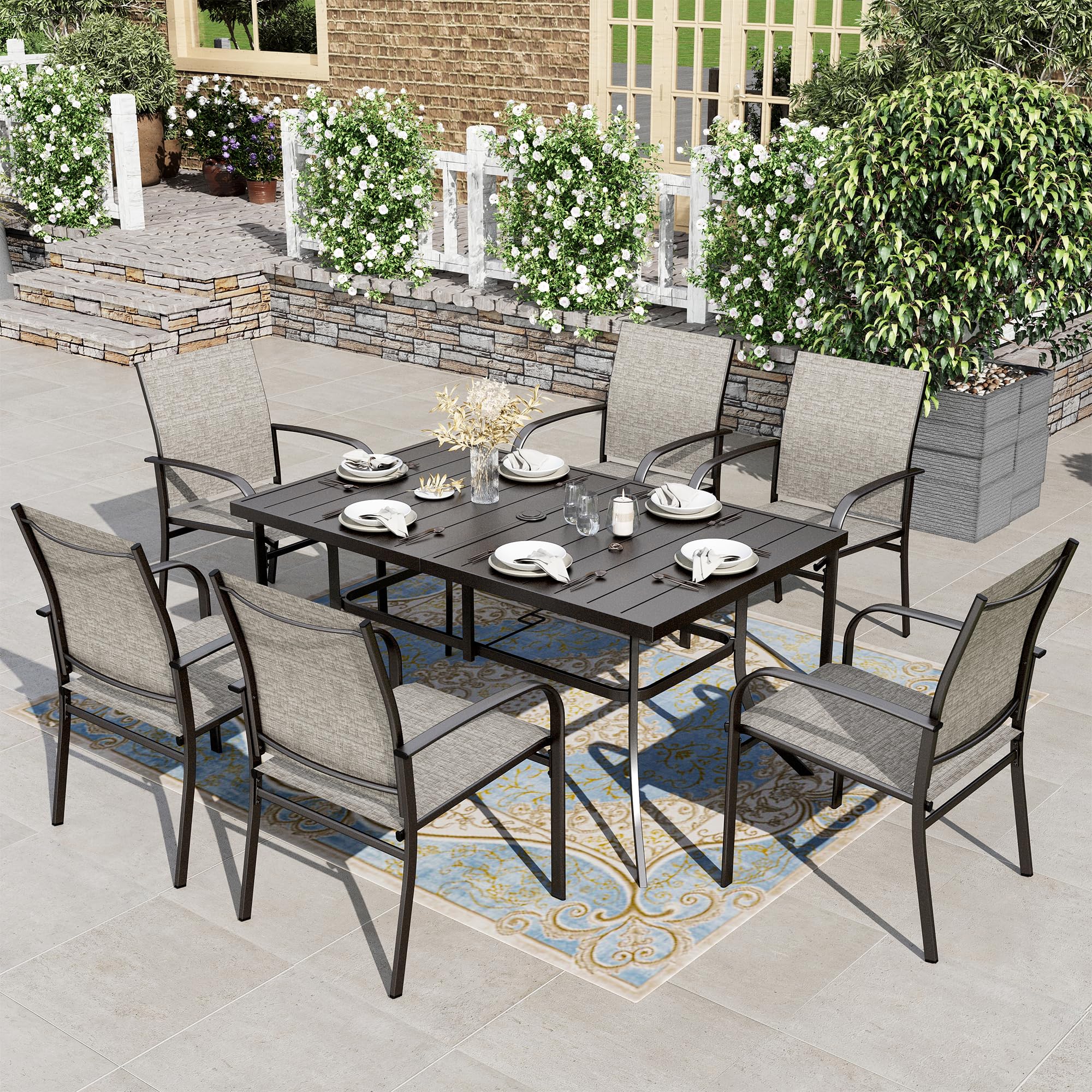 7 PCS Patio Dining Set, All-Weather Outdoor Table Chairs Set, 6 x Patio Dining Chairs, Rectangular Metal Table with Umbrella Hole for Yard Garden Porch Deck (Brown)