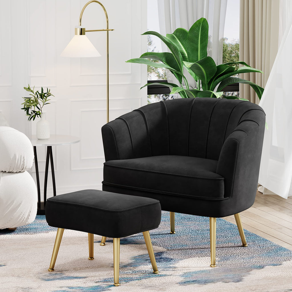 Velvet Accent Chair with Ottoman, Upholstered Modern Single Sofa Side Chair,Comfy Barrel Club Living Room Armchair with Golden Metal Legs for Bedroom Living Reading Room Office, Black