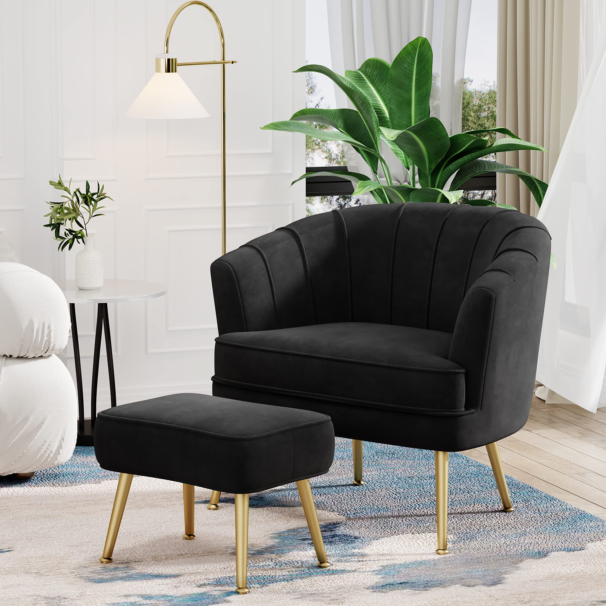 Velvet Accent Chair with Ottoman, Upholstered Modern Single Sofa Side Chair,Comfy Barrel Club Living Room Armchair with Golden Metal Legs for Bedroom Living Reading Room Office, Black