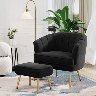 Velvet Accent Chair with Ottoman, Upholstered Modern Single Sofa Side Chair,Comfy Barrel Club Living Room Armchair with Golden Metal Legs for Bedroom Living Reading Room Office, Black
