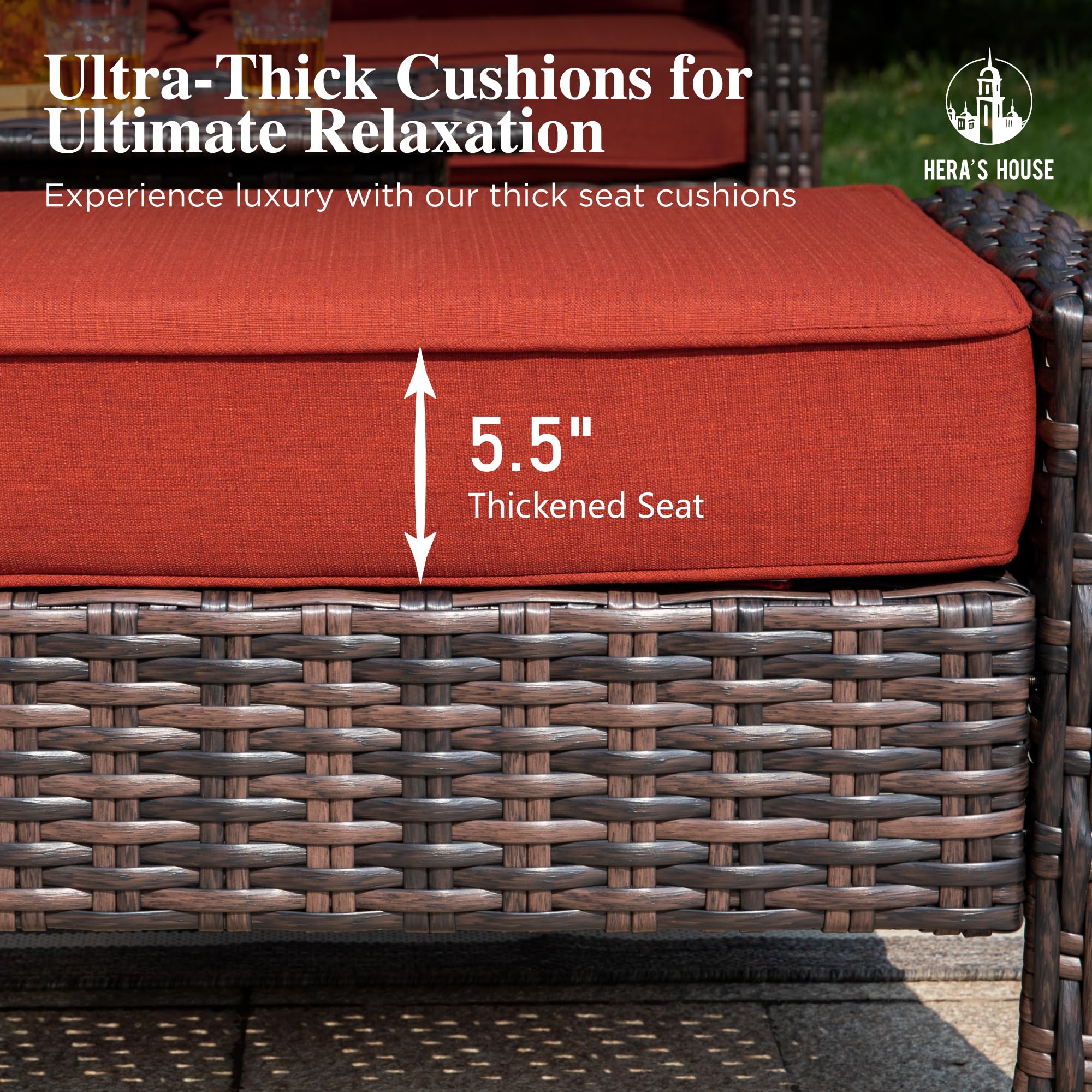 3-Piece Outdoor Patio Furniture, High Back Swivel Chairs Set of 2 with Rattan Table, Brown Wicker Conversation Bistro Set with 5.5” Thick Cushion for Deck Porch Balcony Garden Lawn, Red