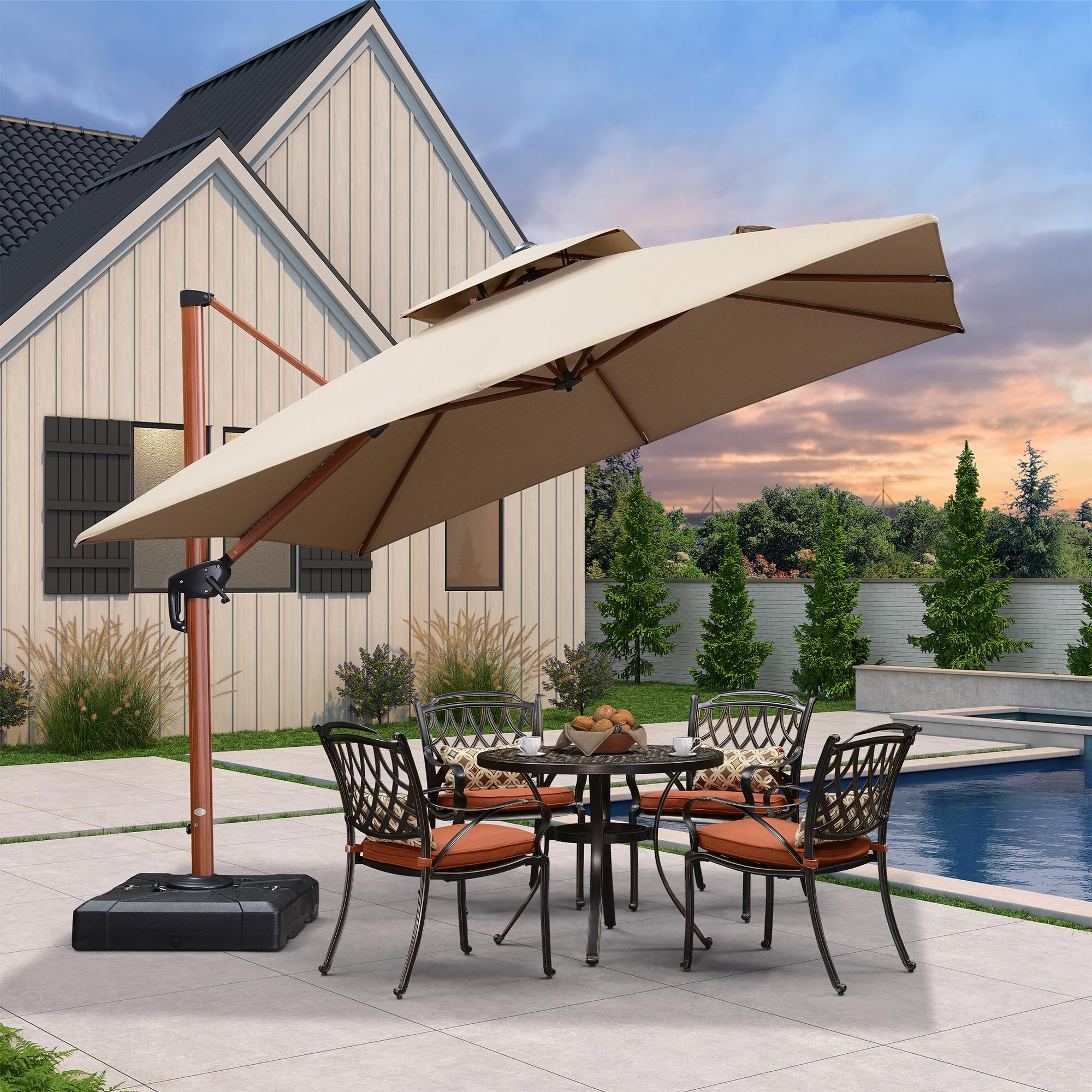 10 Feet Double Top Deluxe Wood Pattern Square Patio Umbrella Offset Hanging Umbrella Cantilever UmbrellaOutdoor Market Umbrella Garden Umbrella, Heather Beige
