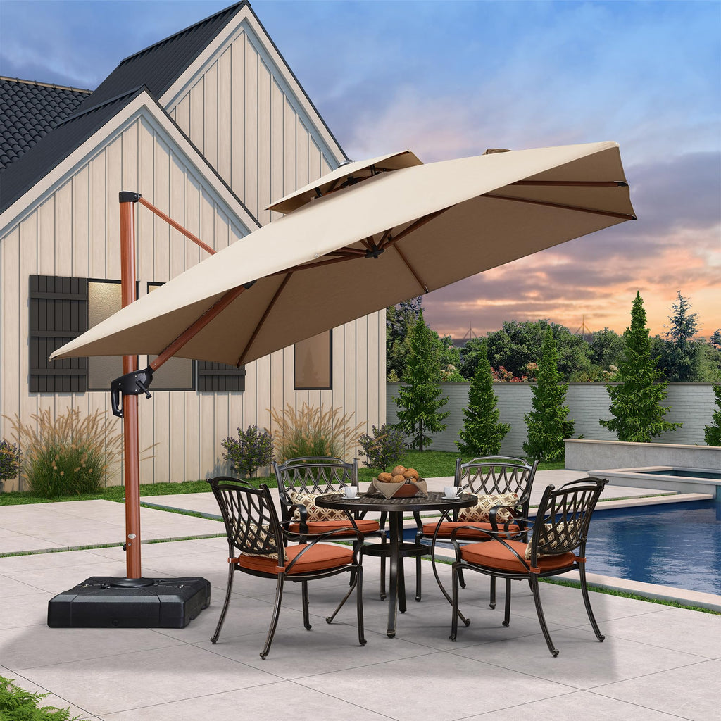 10 Feet Double Top Deluxe Wood Pattern Square Patio Umbrella Offset Hanging Umbrella Cantilever UmbrellaOutdoor Market Umbrella Garden Umbrella, Heather Beige