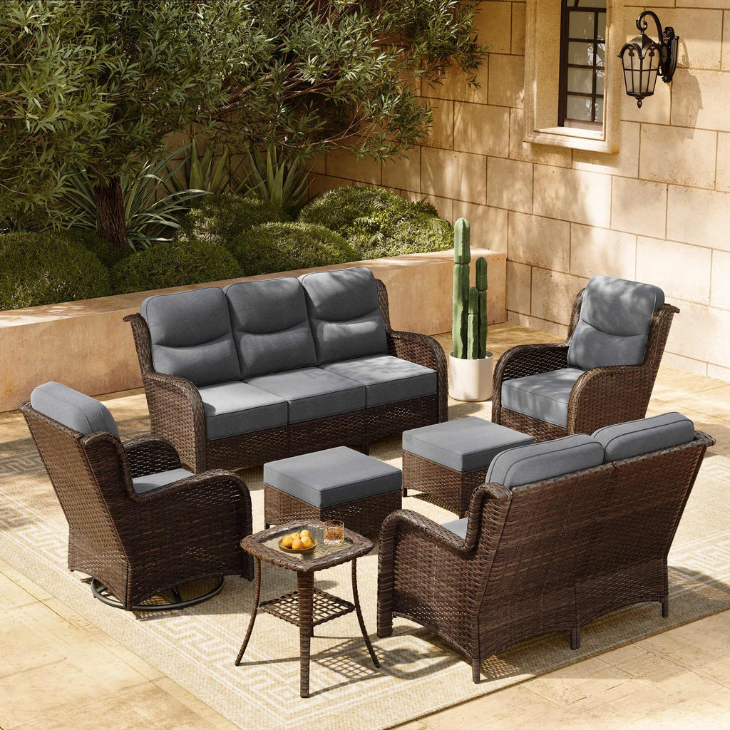 Luxury Patio Furniture Set with 6-inch Thick Cushion, Outdoor Couch, Loveseat and High Back Swivel Rocker Patio Chairs, 7PCS Wicker Conversation Set for Deck Yard and Poolside, Dark Grey (V2)