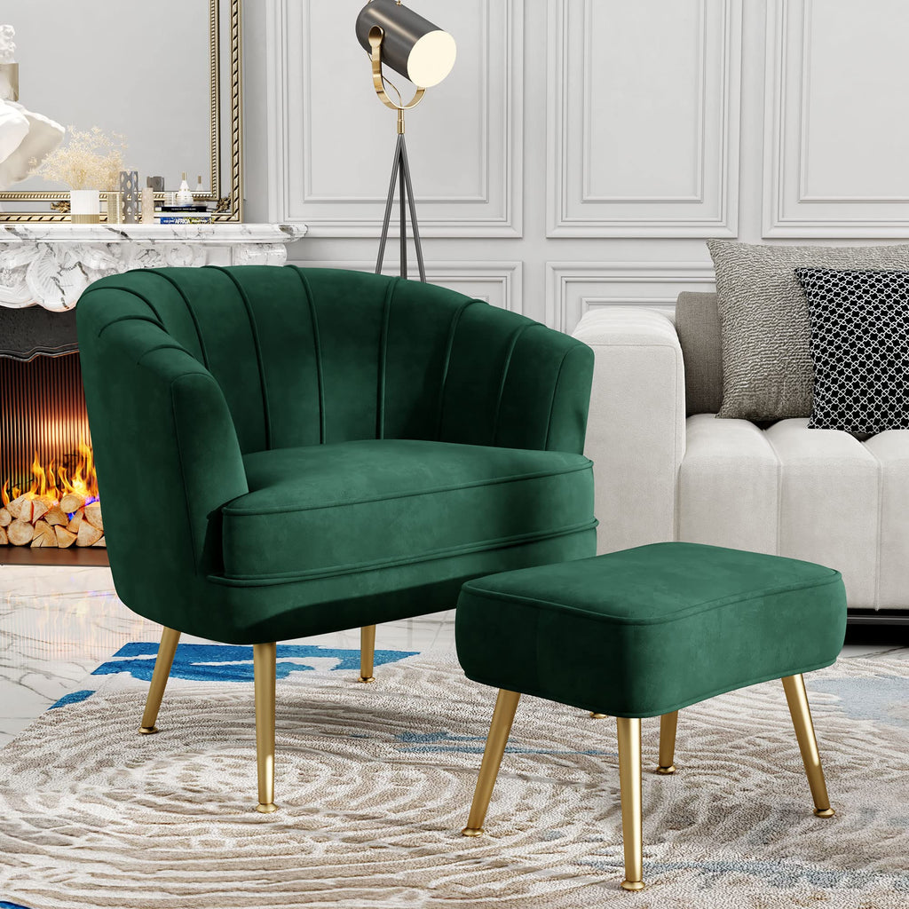 Velvet Accent Chair with Ottoman, Upholstered Modern Single Sofa Side Chair,Comfy Barrel Club Living Room Armchair with Golden Metal Legs for Bedroom Living Reading Room Office, Green