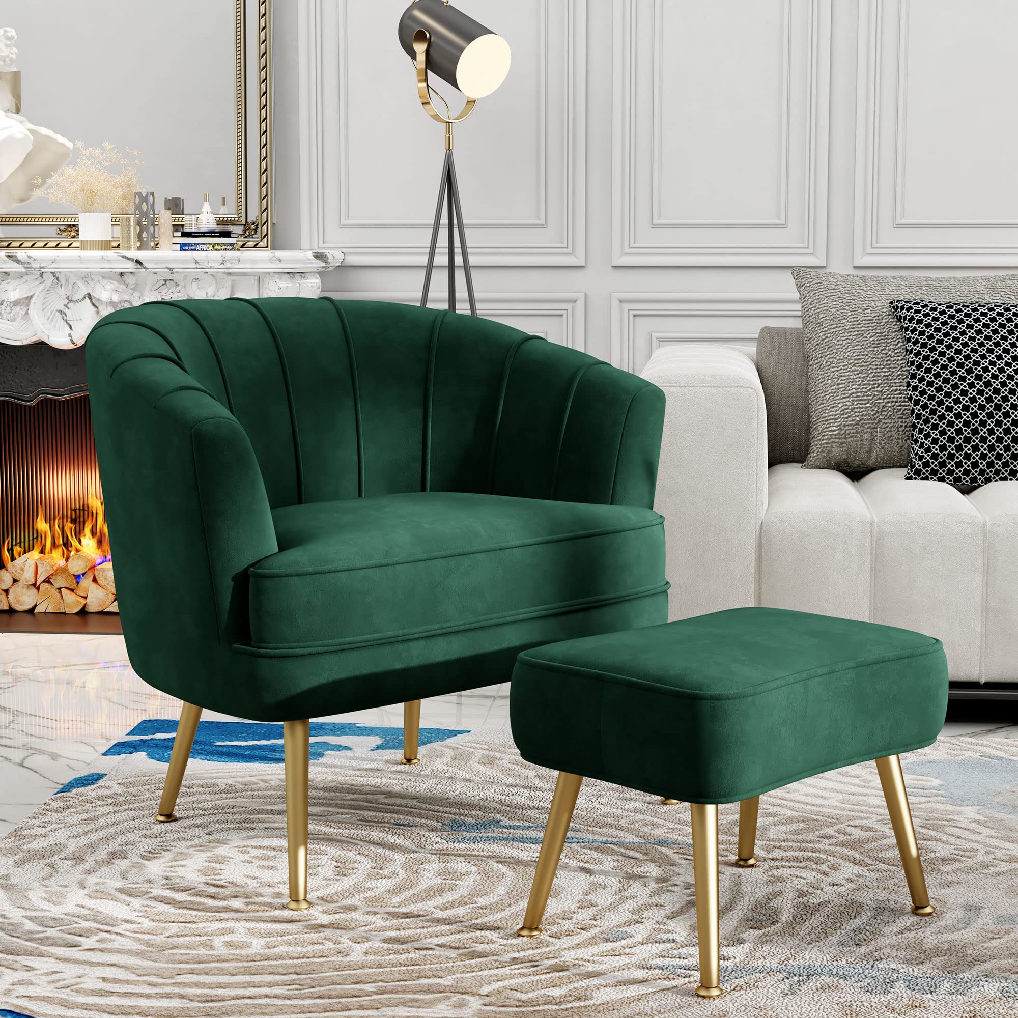 Velvet Accent Chair with Ottoman, Upholstered Modern Single Sofa Side Chair,Comfy Barrel Club Living Room Armchair with Golden Metal Legs for Bedroom Living Reading Room Office, Green