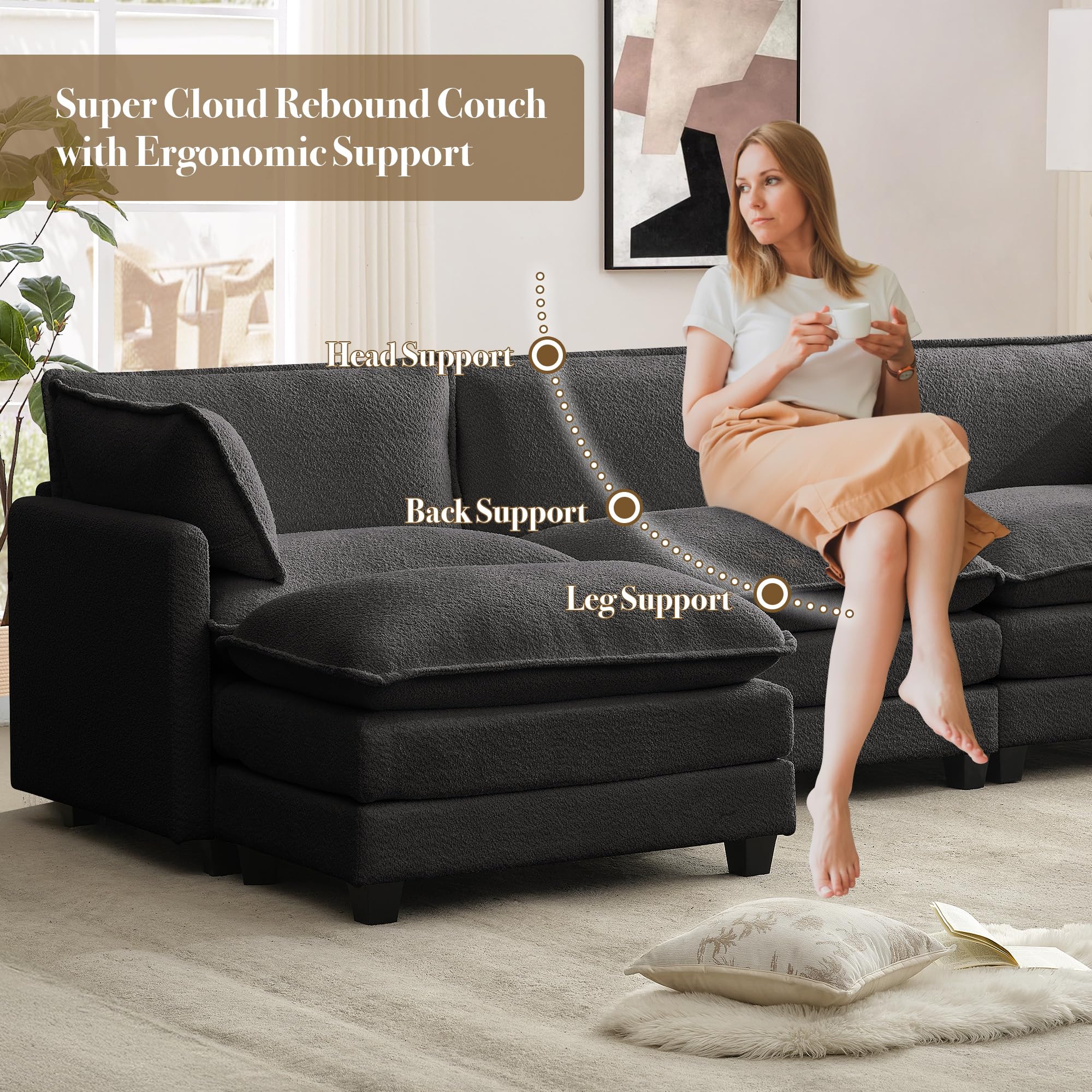 112'' Sectional Cloud Couch with Movable Ottoman, 4 Seat Modern Chenille Modular Sofa with 2 Throw Pillows, Deep Seat L Shaped Couch for Living Room Bedroom Apartment, Dark Grey