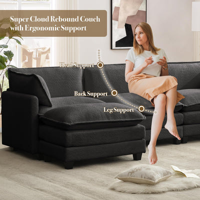 112'' Sectional Cloud Couch with Movable Ottoman, 4 Seat Modern Chenille Modular Sofa with 2 Throw Pillows, Deep Seat L Shaped Couch for Living Room Bedroom Apartment, Dark Grey