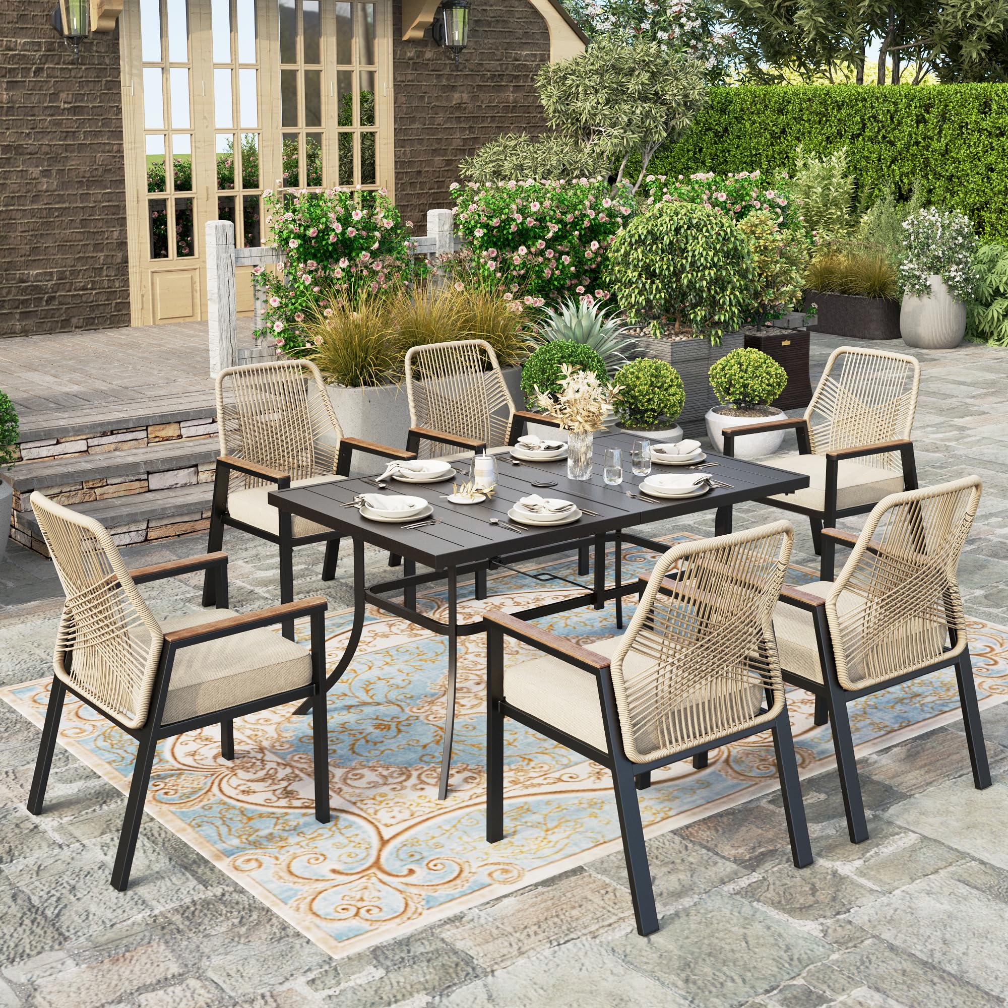 7 Pieces Patio Table and Chairs Set, Outdoor Dining Set for 7, 6 x Cushioned Woven Rattan Patio Chairs and 1 x Black Metal Table with Umbrella Hole, Outdoor Rattan Dining Set for Lawn