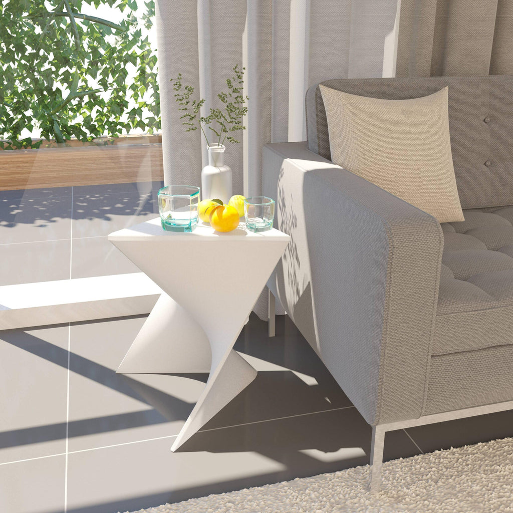 15.75" Triangular Side Table, Stackable Plastic Accent End Table for Indoor & Outdoor Use, Weather-Resistant Modern Patio & Living Room Table, Set of 4, White