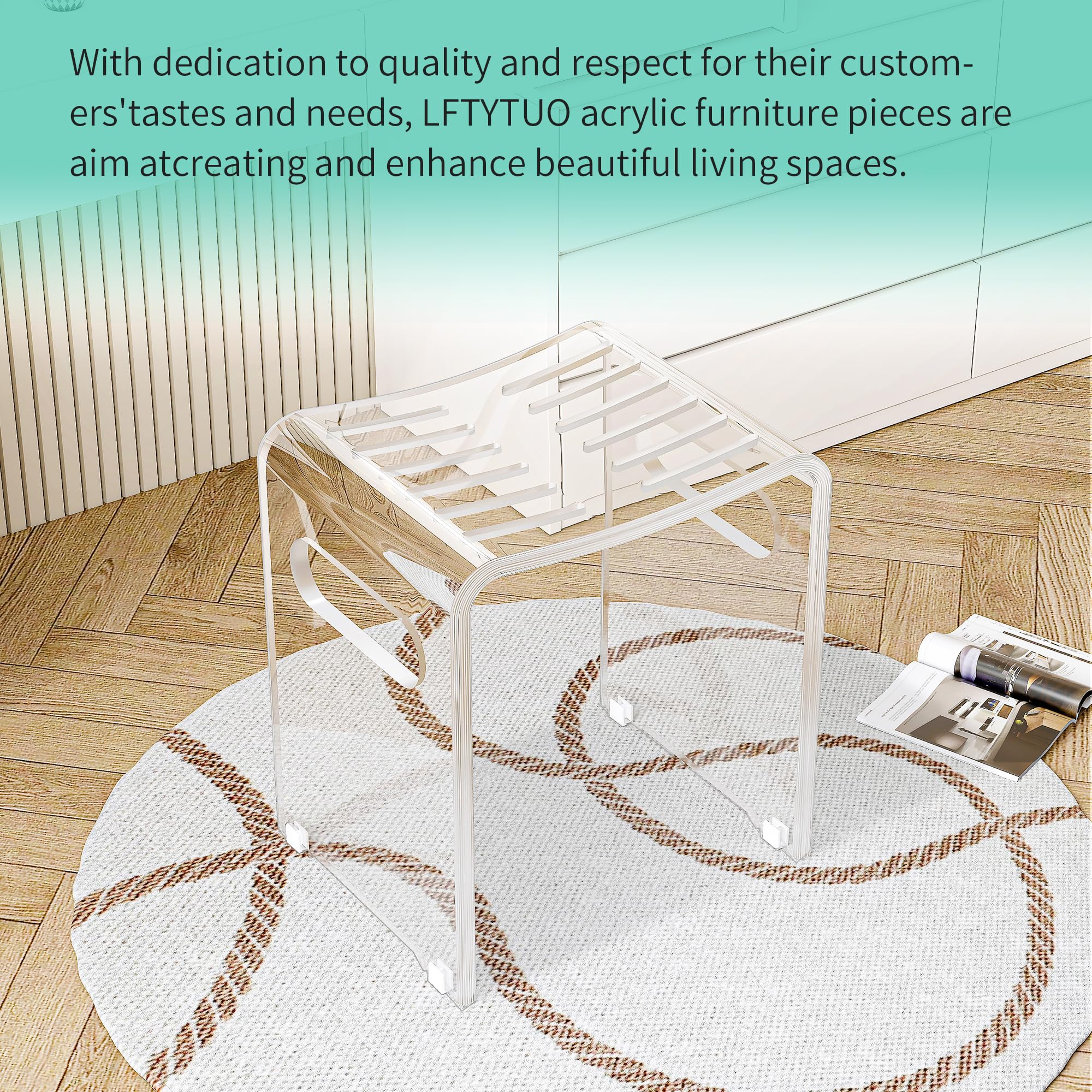 Modern Acrylic Shower Bench, Clear Stool with Anti-Skip Silicone Buckles and 12 Pcs Water Leaking Hole 350 LBS Weight Capacity