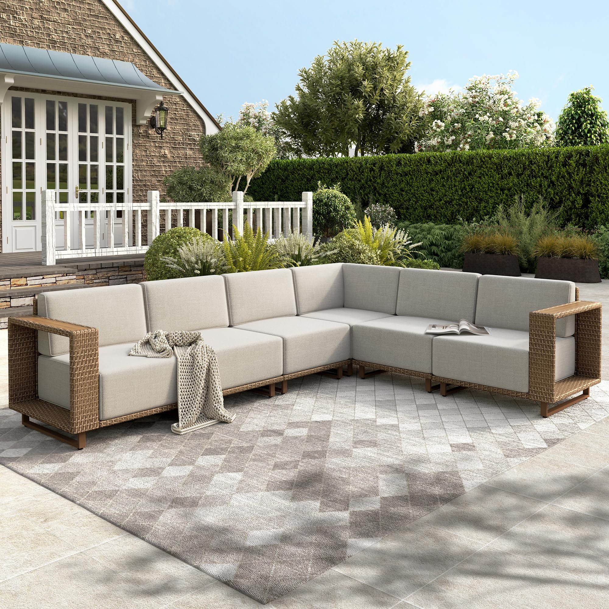 6 Pieces Sectional Patio Furniture Set, All Weather Patio Conversation Set, Outdoor Rattan Wicker Sofa with 5.3" Widened Armrest, Patio Couch, 10" Ultra Thick Comfy Sponge Cushion